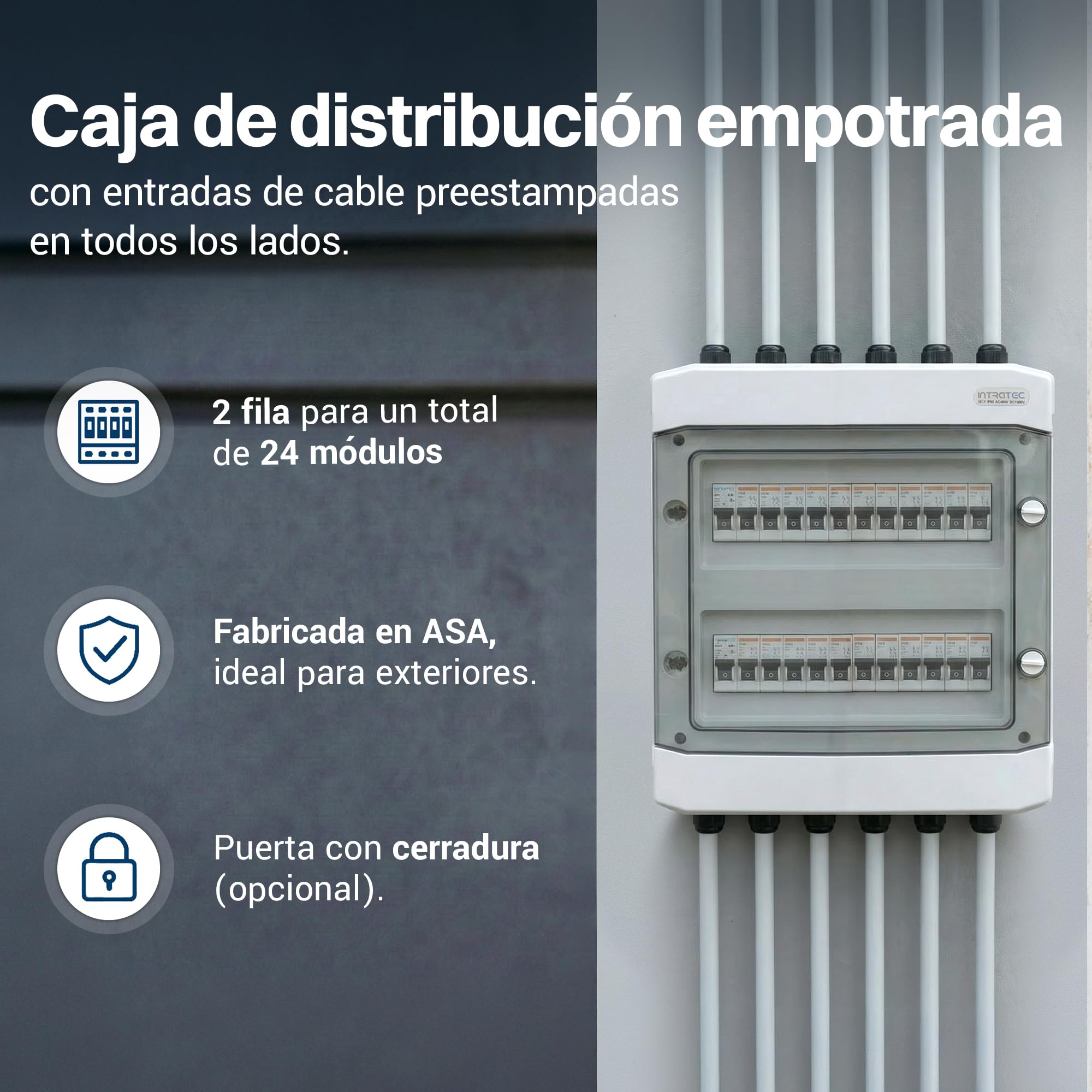 Intratec Caja de Distribución Superficie 2 Fila IP65 – Cuadro Eléctrico para 24 Módulos DIN – Caja de Subdistribución Estanca para Exterior Garaje Sótano Jardín – 400VAC 1500VDC, 318 x 384 x 144 mm