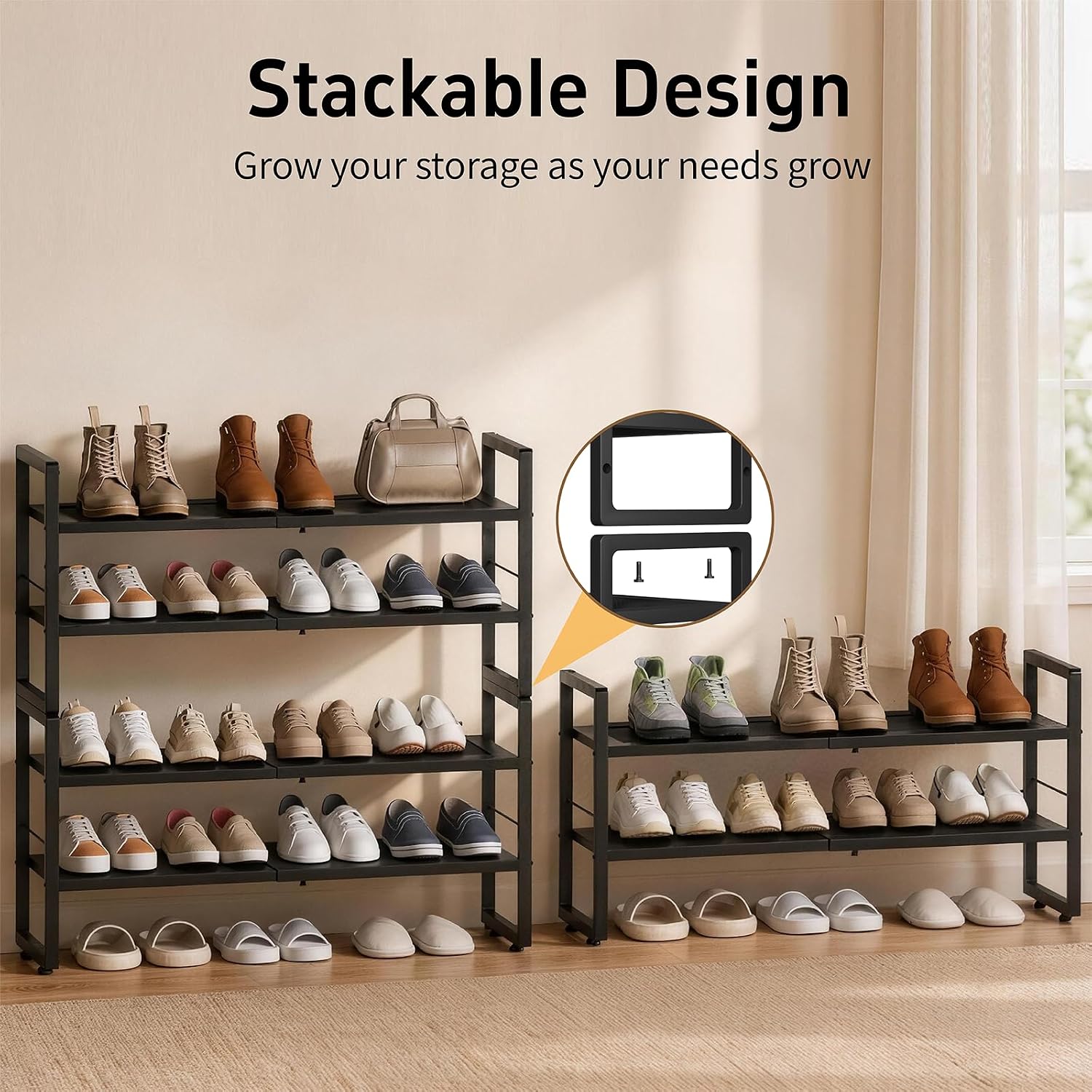 2 Tier Shoe Rack, Expandable Shoe Organizer for Entryway, Stackable Shoes Stand with Mesh Metal Shelves for Closet Entryway, Black