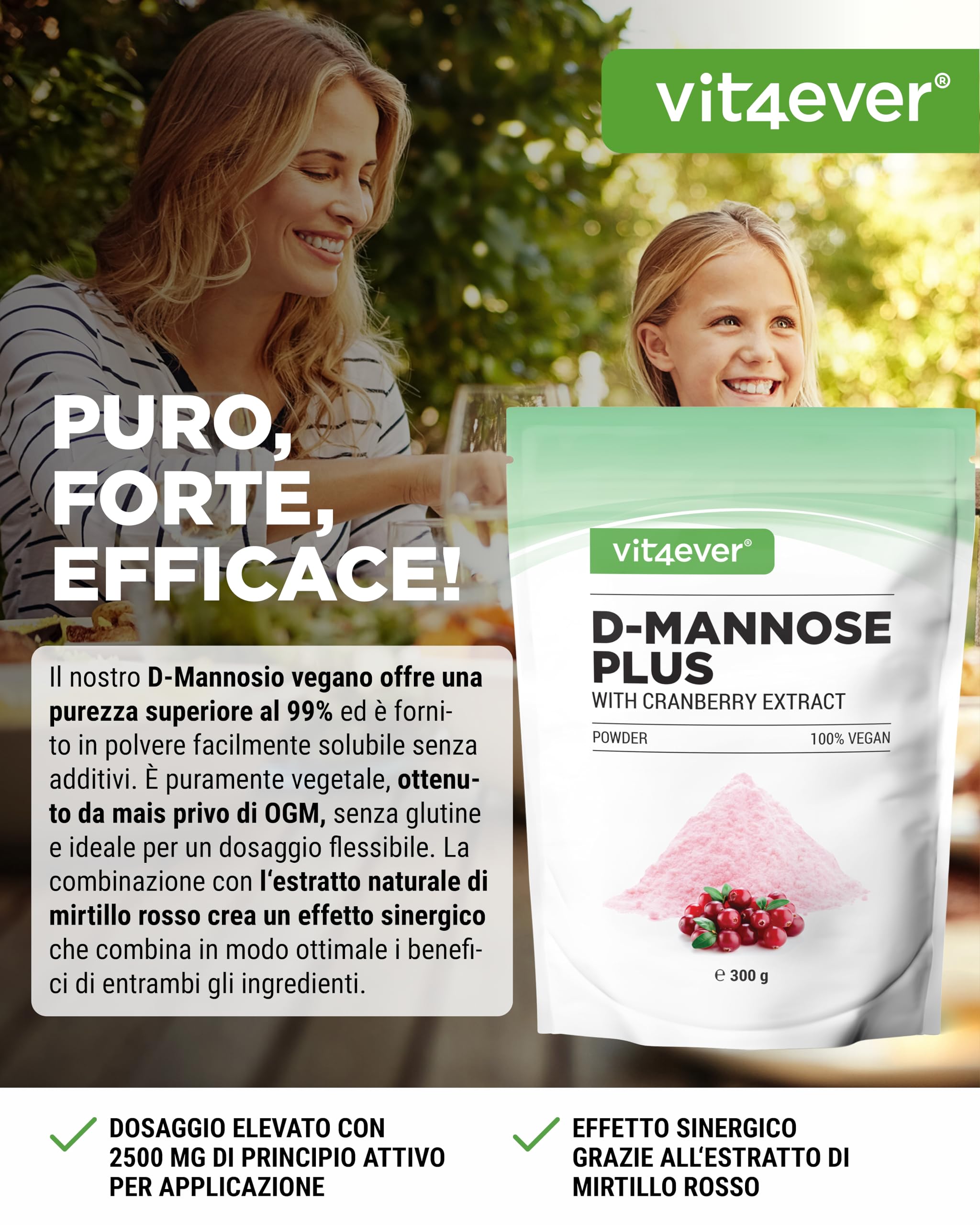 vit4ever D-Mannosio in Polvere con Estratto di Cranberry (Mirtillo Rosso) - Alto Dosaggio con 2000 mg di D-Mannosio e 500 mg di Cranberry - 300 g di Polvere - 120 Applicazioni - Vegano