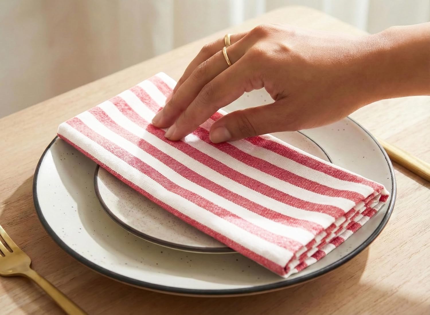 PurpleEssences Plain Striped Cloth Napkins - Set of 12-100% Cotton - 18 x 18 Inch - Spring Easter Summer and Perfect Everyday Use Dinner Napkin - Red and White - Image 2