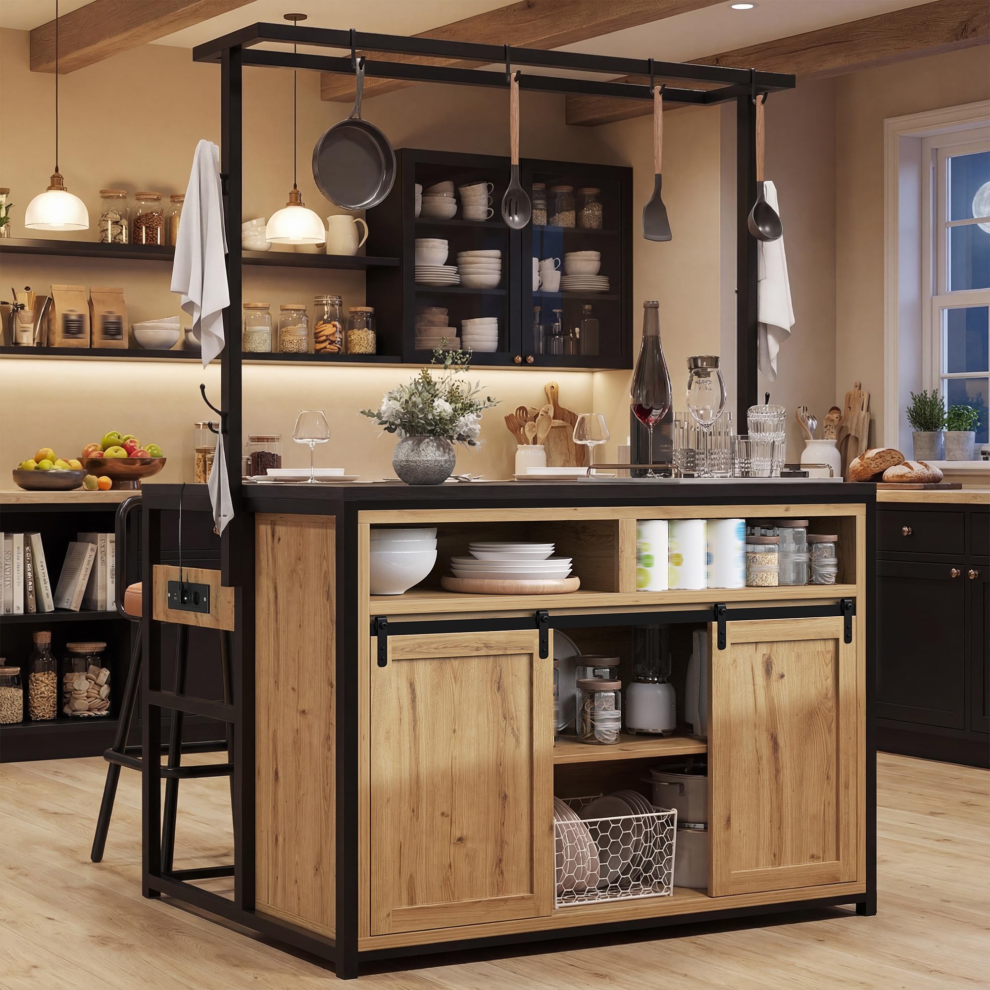 Kücheninselschrank 183 cm mit Arbeitsplatte, Stromanschluss & Hängeregal – Küchenschrank mit viel Stauraum für Küche & Esszimmer, Holzoptik