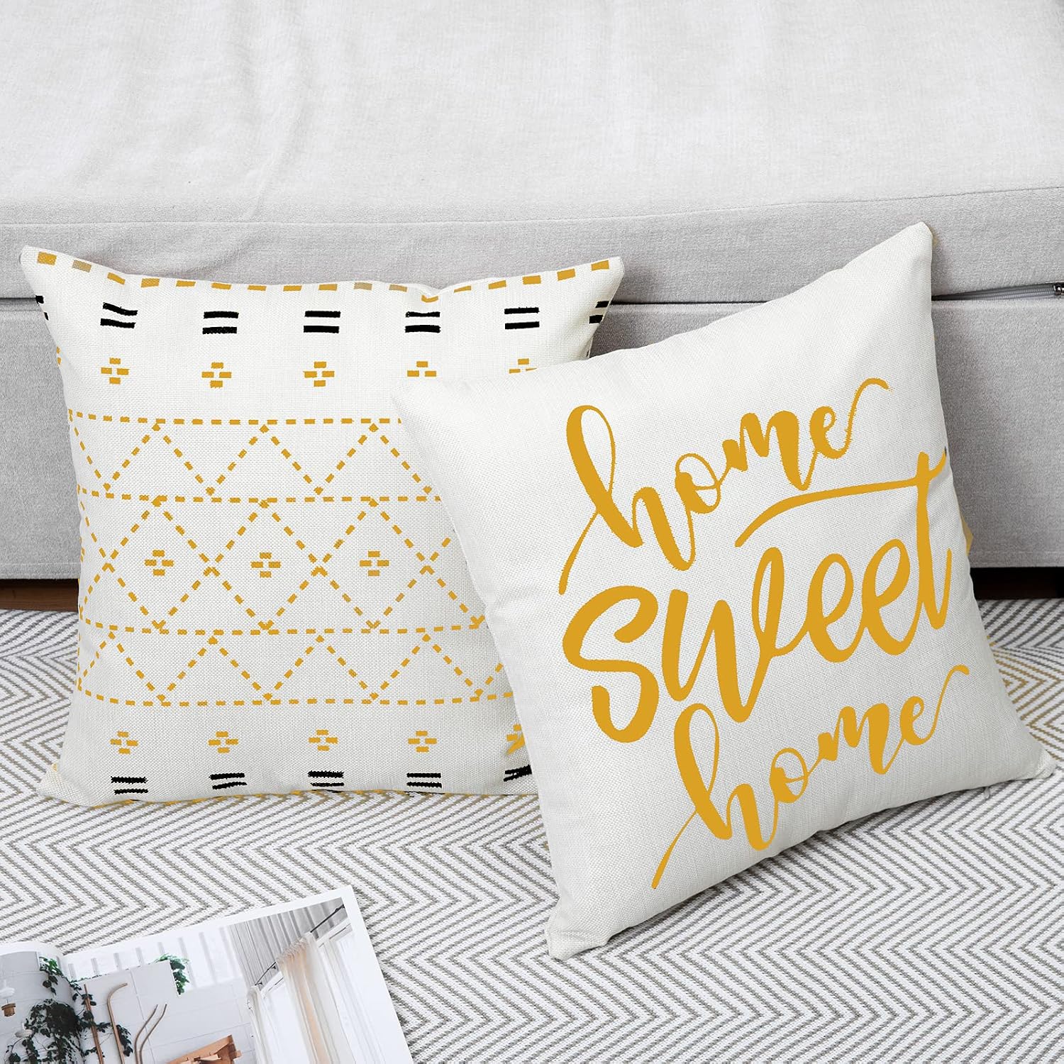 Hlonon Decorative Throw Pillow Covers for Couch Set of 4 Modern Style Stripes Geometric Square Cushion Covers for Bed Sofa Living Room Home Decoration 18 x 18 inch (Black + Yellow, 20x20 Inch)