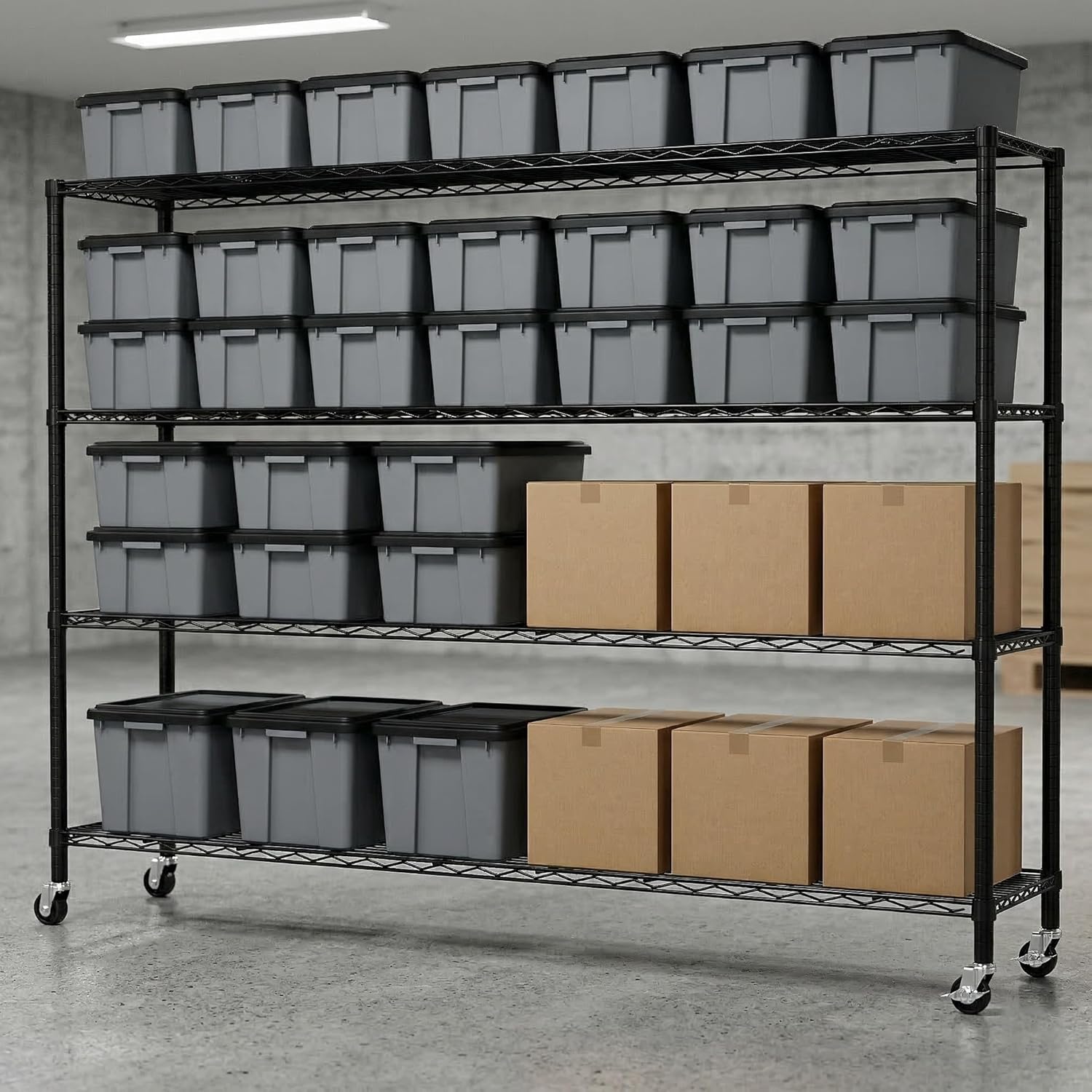 4-Tier Heavy Duty Wire Shelving Unit with Wheels, 60" L x 18" W x 67" H Adjustable Metal Storage Rack, Rolling Organizer for Garage, Warehouse, Kitchen & Pantry, Powder-Coated Black