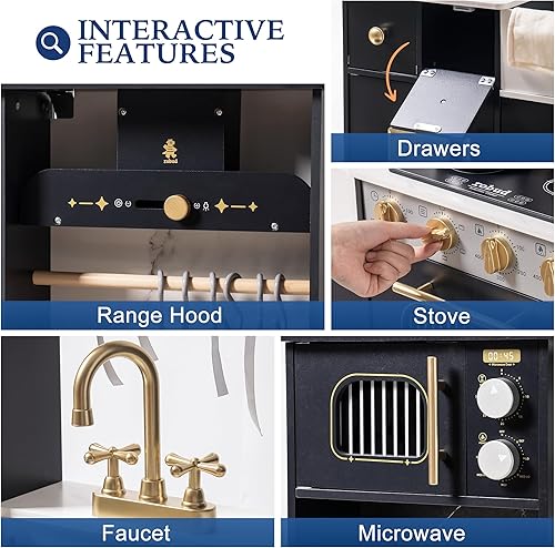 Miniatura 5 de ROBUD Juego de cocina de madera para niños y niños pequeños con máquina de café, máquina de hielo, microondas, horno, armario grande, 12 accesorios,