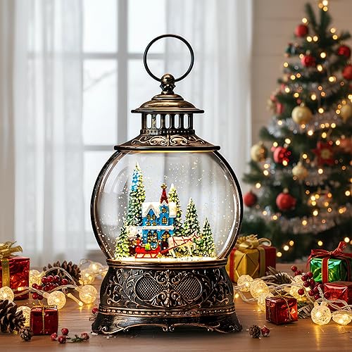 Vista 10 de Globo de Nieve de Pueblo Navideño Linterna de Agua con Escena de Estación de Tren Operado con Batería o Alimentado por USB Musical Iluminada