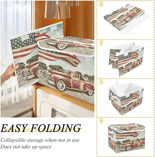 Miniatura 6 de CaTaKu Contenedores de almacenamiento de la bandera estadounidense de camión rojo con tapas y asas contenedor de almacenamiento grande de tela con