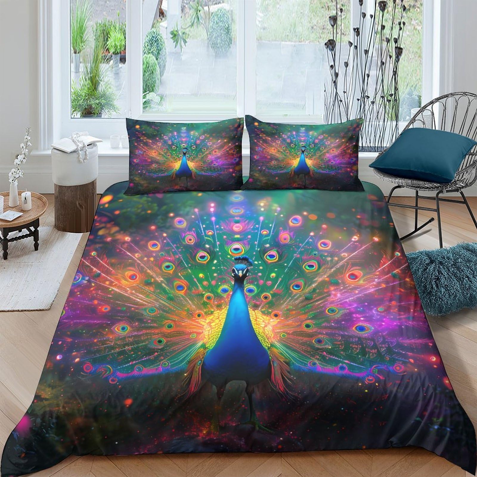 Ctjqhvkz Style-10 3D Printed Peacock Rainbow Fitted Sheet Microfiber Soft Non-Slip Mattress Cover Artistic Bed Decor For Bedroom Guest Room Single（135X200cm）
