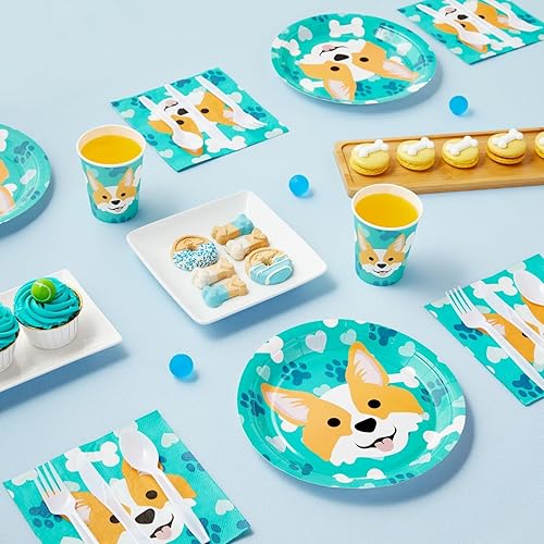 Vista 3 de 144 piezas Corgi suministros para fiestas, decoraciones de cumpleaños de perro con platos de papel, servilletas, tazas y cubiertos (sirve 24)