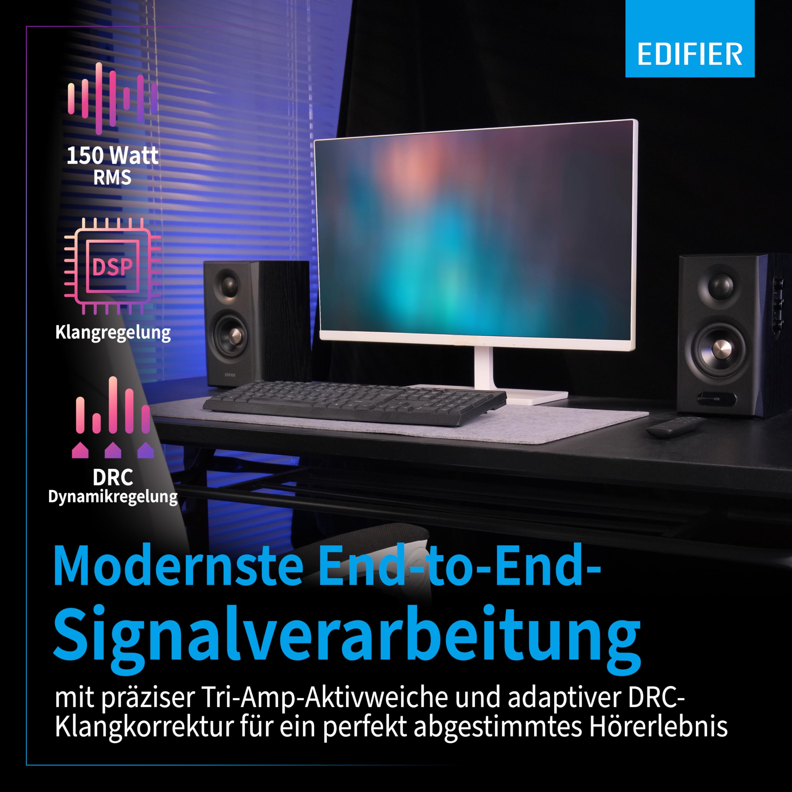 Edifier S355DB Système d'enceintes Hi?Res 2.1 ? 150 W RMS, 5,8 GHz sans fil, HDMI eARC, LDAC Bluetooth 6.0, USB?C, optique, coaxial, triple ampli DSP, design premium (noir)
