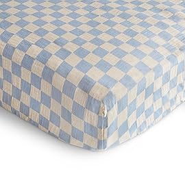 mushie Extra Soft Muslin Fitted Crib Sheet | 192 Thread Count | 28x 52 (Blue Check)