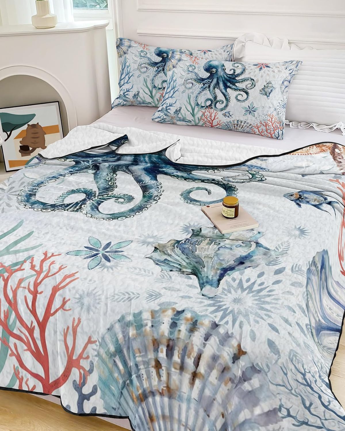 King Size Quilt Set, Octopus Coral Starfish Shell Lightweight Bedspread Coverlet Set Soft Microfiber Summer Quilt with 2 Pillow Shams, Marine Life Undersea World 3 Piece Comforter Bedding Set