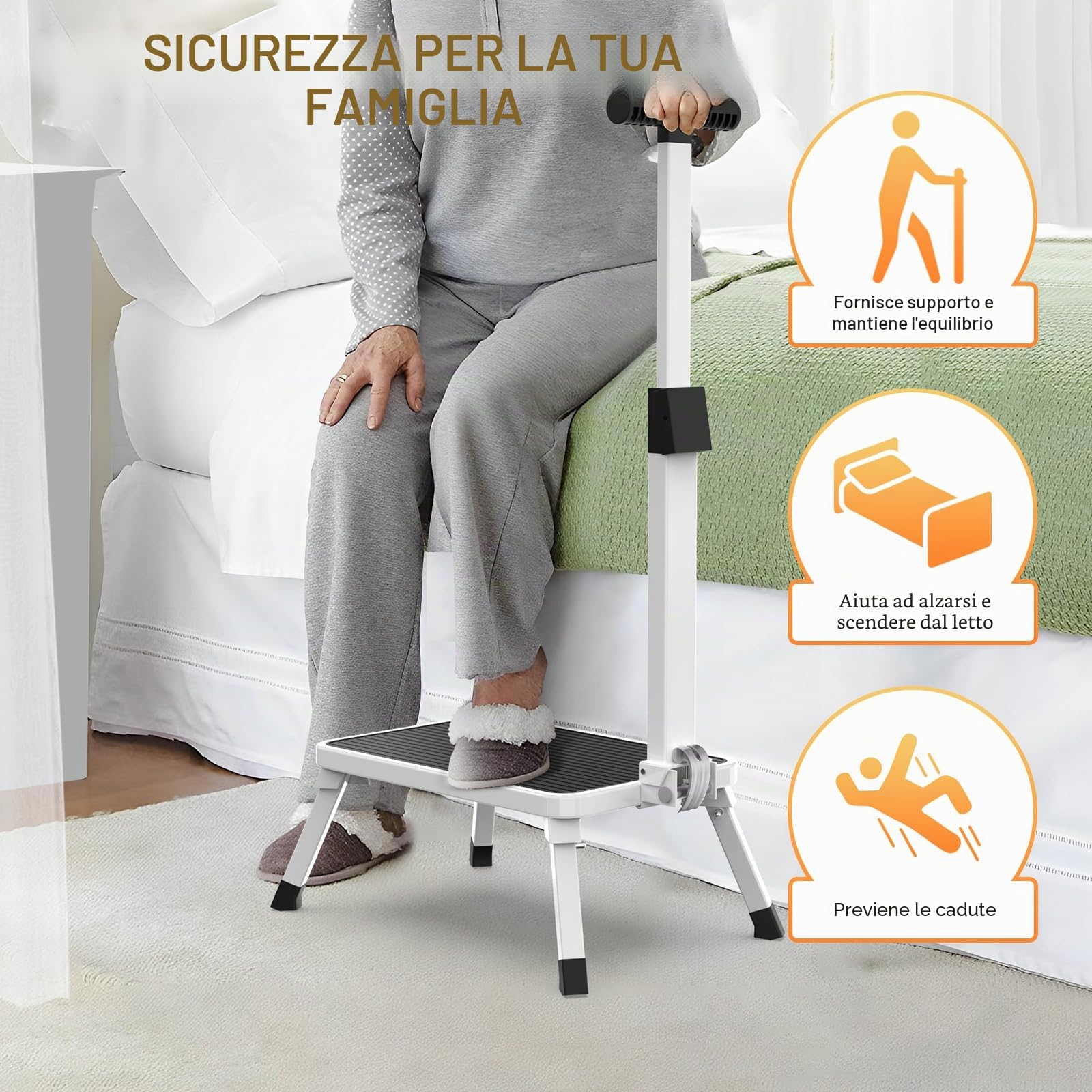 Scaletta Pieghevole con maniglia, Scaletta a Gradini, Scala con Superficie in Gomma Antiscivolo, Sgabello di acciaio, Portante 150 kg, per adulti, anziani e bambini in cucina, bagno e casa