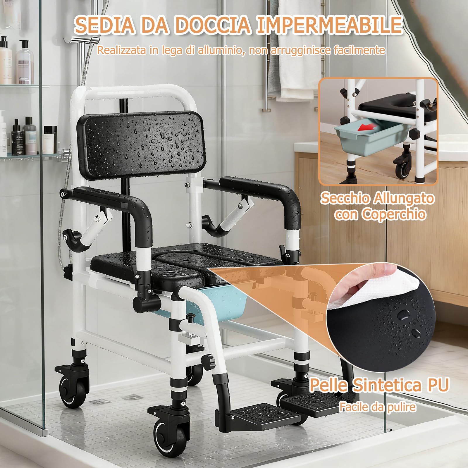 NJUN Sedia da Doccia con Ruote, Sedia Comoda e Doccia Mobile per Anziani e Disabili, Sedia da Bagno Altezza Regolabile in Alluminio con Braccioli Ribaltabili, Poggiapiedi Staccabili e Seduta Imbottita