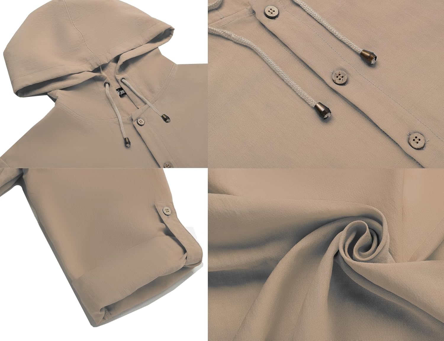 Mens Linen Shirts Casual Button Down Shirts Long Sleeve Roll-Up Sleeve Summer Beach Shirts Tops with Hood - Image 5