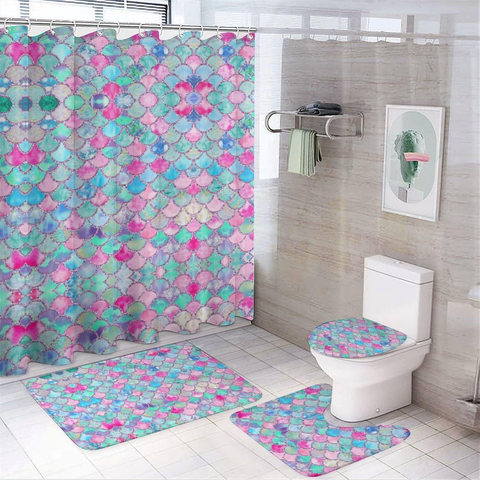 JZemdybill Bathroom Mat Set 4 Piece, Rainbow Watercolor Scales of Mermaid Shower Curtain with Non-Slip Bath Mats for Bathroom