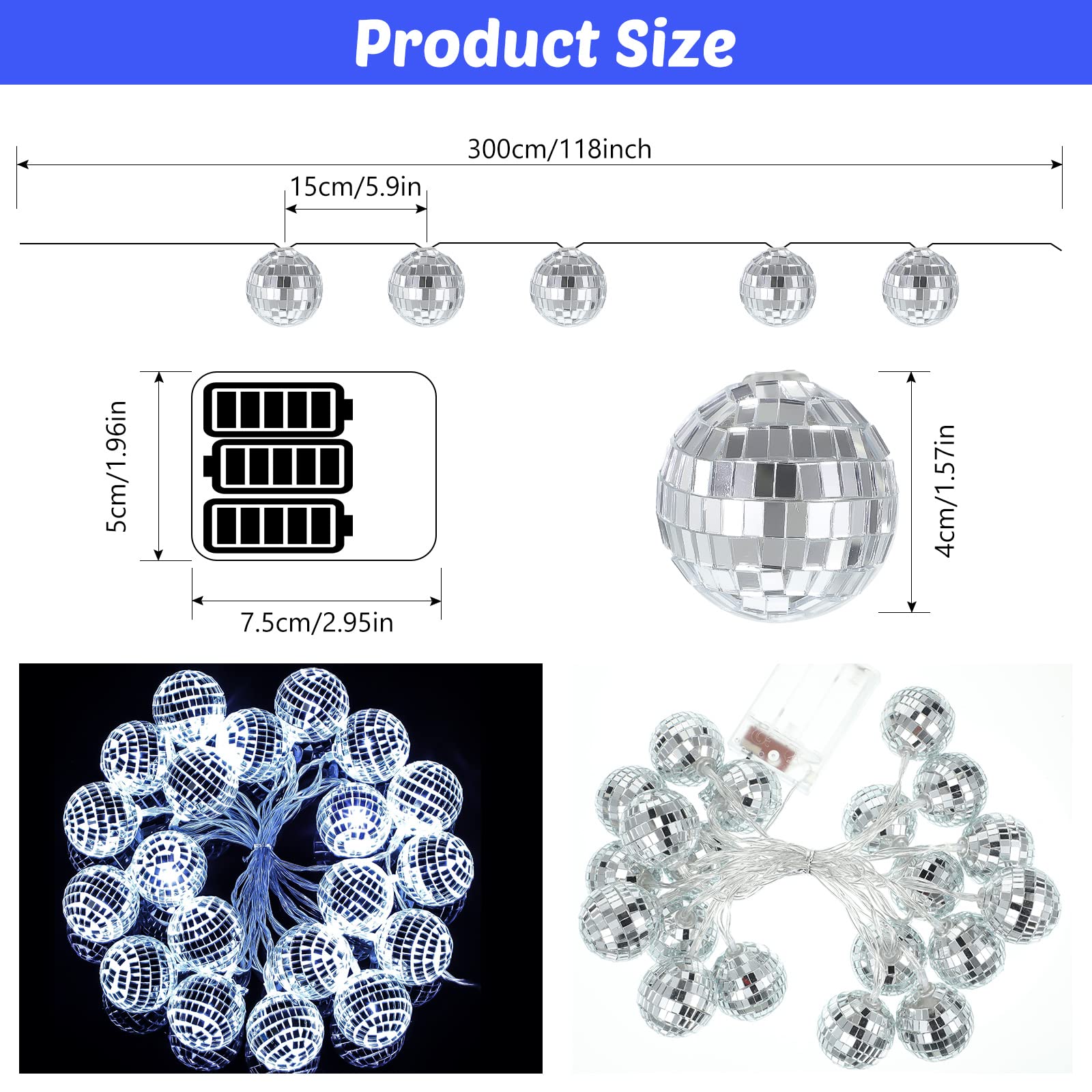 Cunno 40 LED Disco Ball String Lights 70s Decorations 9.8 ft Mirror Disco Light Battery Operated Ball Globe Ornaments for Christmas Wall Tree Indoor Outdoor Party Supply(White Silver)