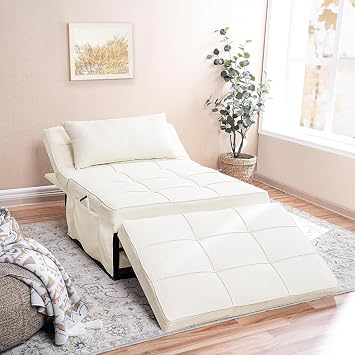Naomi Home 4-in-1 Folding Chair Bed, Space-Saving Convertible Sleeper Sofa for Apartments & Guest Rooms, Adjustable Backrest, Linen Fabric, Includes Support Pillow in Cream