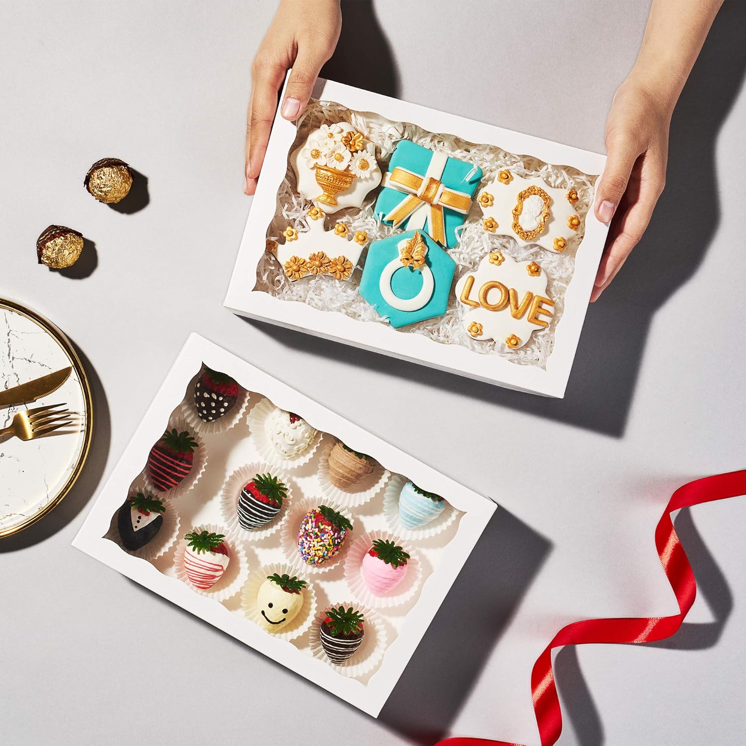 48PCS 10 x 7 x 2.5 inches Premium White Bakery Boxes for Cookies, Strawberries Boxes with Clear Display Window