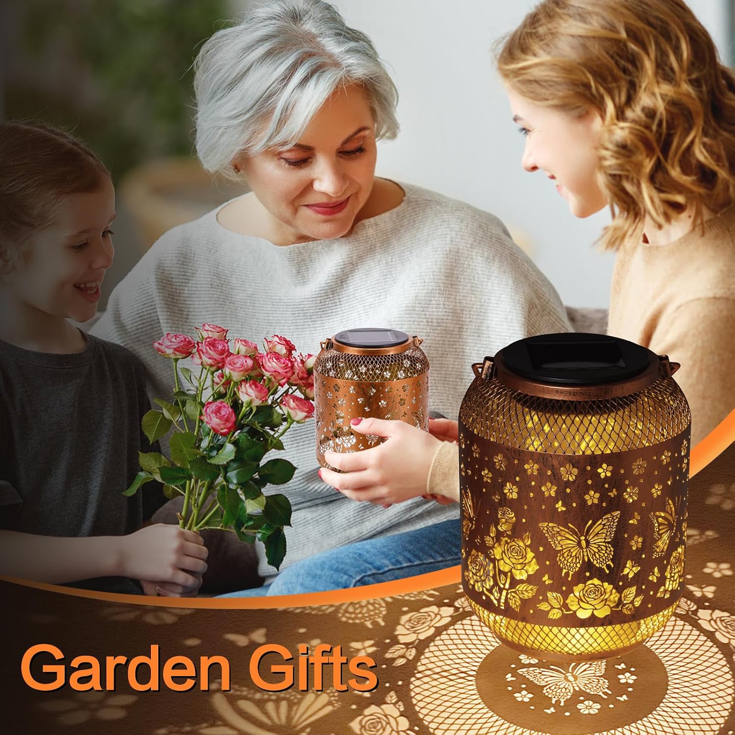 Butterfly Solar Lanterns Outdoor Waterproof Rose Garden Decor Gifts for Mom Women Grandma Metal Hanging Solar Lights Outdoor Decoration for Patio,Yard,Porch,Backyard