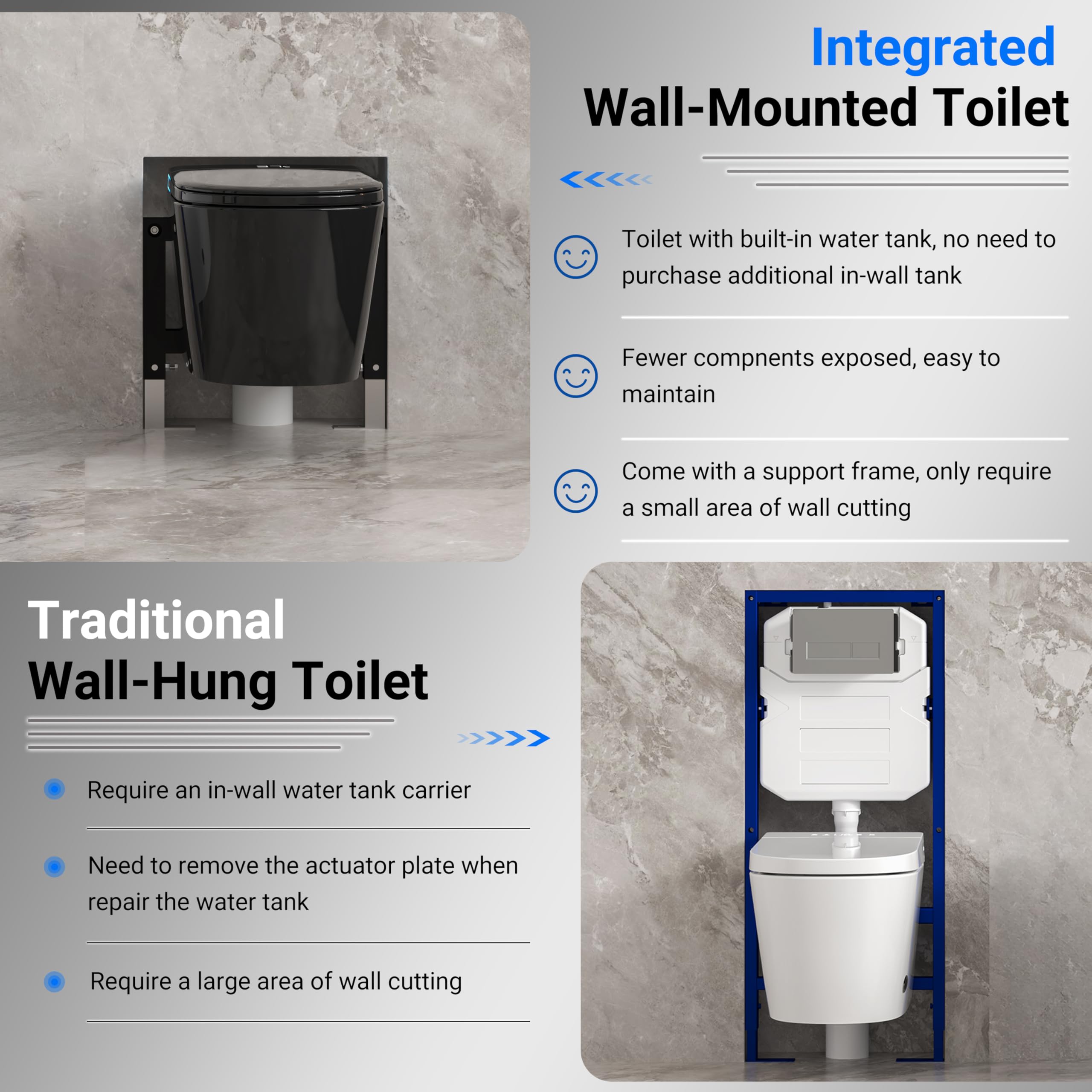 Smart WC nero da appendere alla parete, scarico automatico, coperchio con apertura e chiusura automatica, sedile riscaldato, acqua calda/asciugatrice, moderno bidet allungato con supporto a