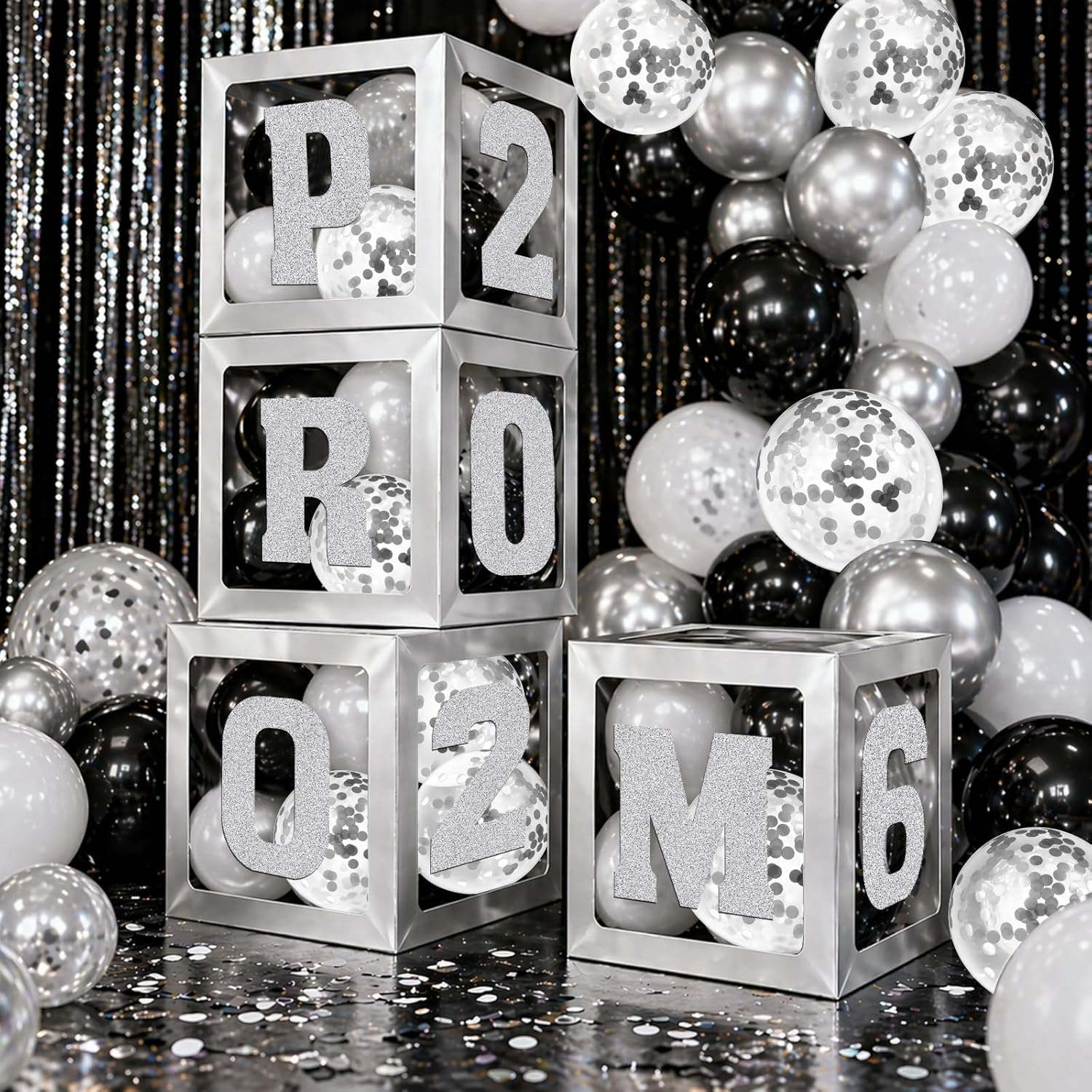 Graduation Prom Party Decorations Class of 2026, 4 Pcs Silver Balloon Boxes with Letters Cards, Graduation Prom Party Supplies Decor for College High School Congrats Grad Send Off Ceremony