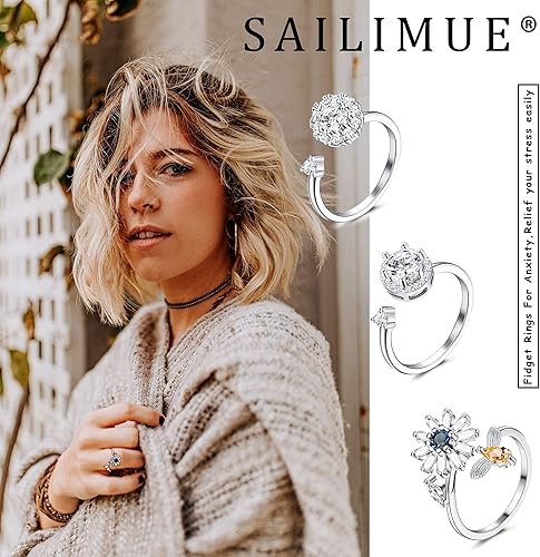 Miniatura 2 de sailimue 9 anillos para la ansiedad para mujer, anillos giratorios para la ansiedad con circonita cúbica ajustable, flor de mariposa, girasol,