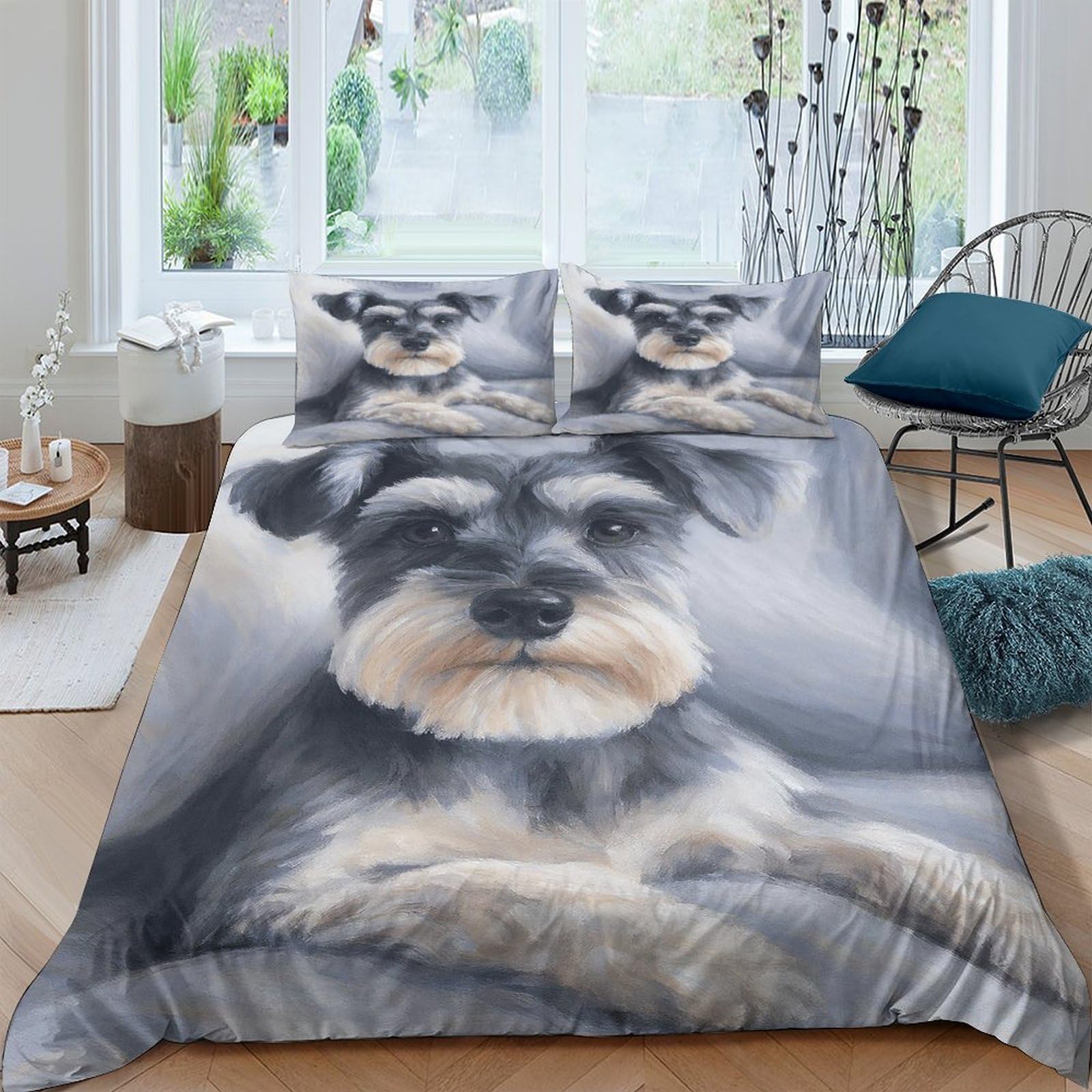 Ctjqhvkz Style-3 3D Printed Schnauzer Dog Fitted Sheet Microfiber Soft Grey Pet Portrait Bed Cover For Bedroom Guest Room Machine Washable Decor Single（135X200cm）