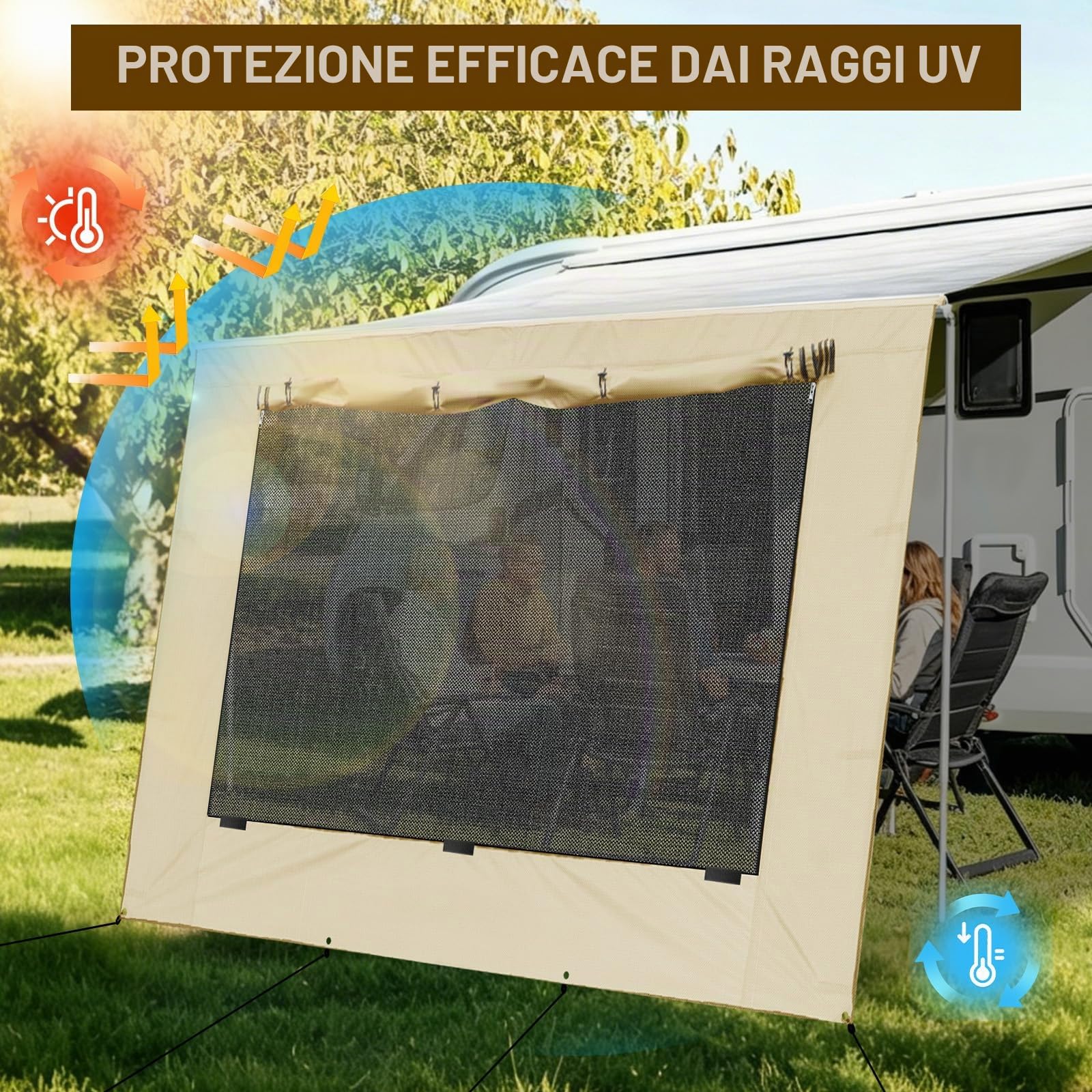 Protezione Solare per Camper Parete Frontale 2X3,7m, Tenda Universale