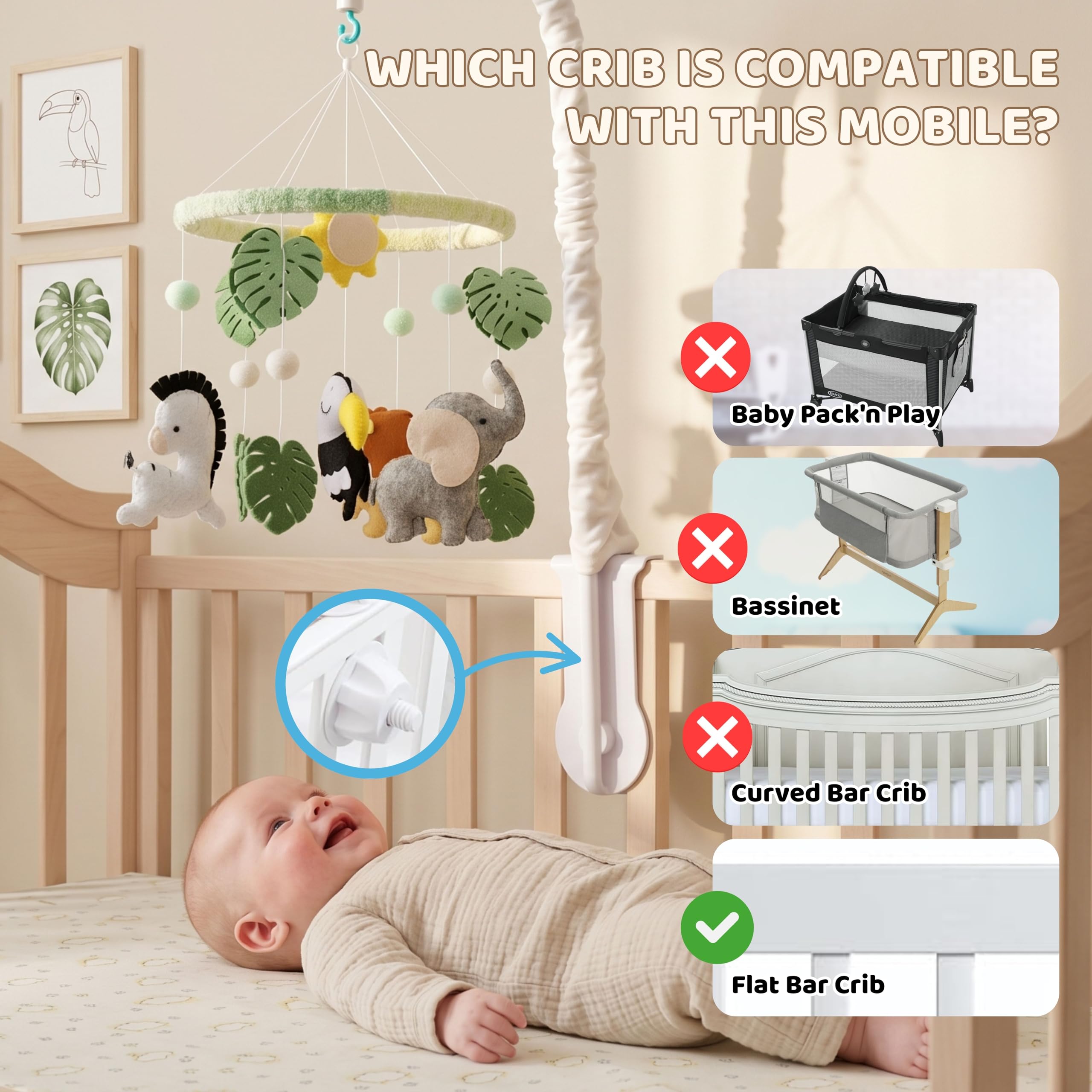 Giostrina per culla con elefante, zebra, leone, tucano, in feltro, fatta a mano, con 12 ninne nanne nella giungla, con 12 ninne nanne, idea regalo decorativa per la cameretta dei bambini