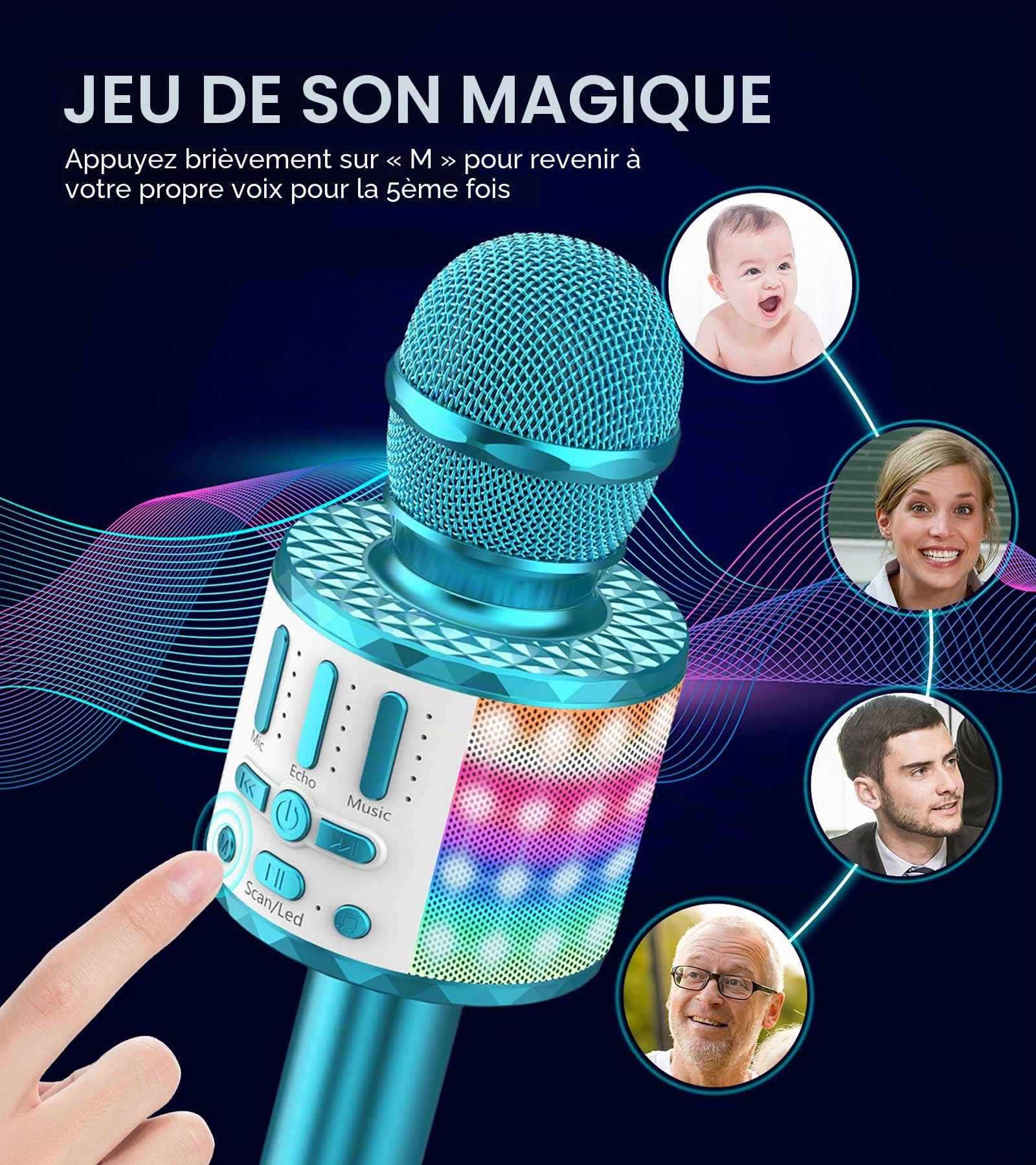 Micros sans Fil Karaoké, Microphone Karaoke Bluetooth avec Lumière Scène, Portable Haut-Parleur pour Enfants/Adultes Fête Chanter Disco KTV Clubs Noël Anniversaire Soiree Idée Cadeau Fille Garcon