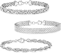 Ross-Simons Sterling Silver 3 Link Bracelet Set: Rope Chain, Bismarck & Byzantine - Handcrafted 7" Everyday Stackable Jewelry