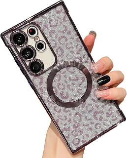 Magnetic Designed for Samsung Galaxy S22 Plus Case[Compatible with MagSafe] Glitter Leopard Pattern Soft Edge case(Purple,S22+ Plus)