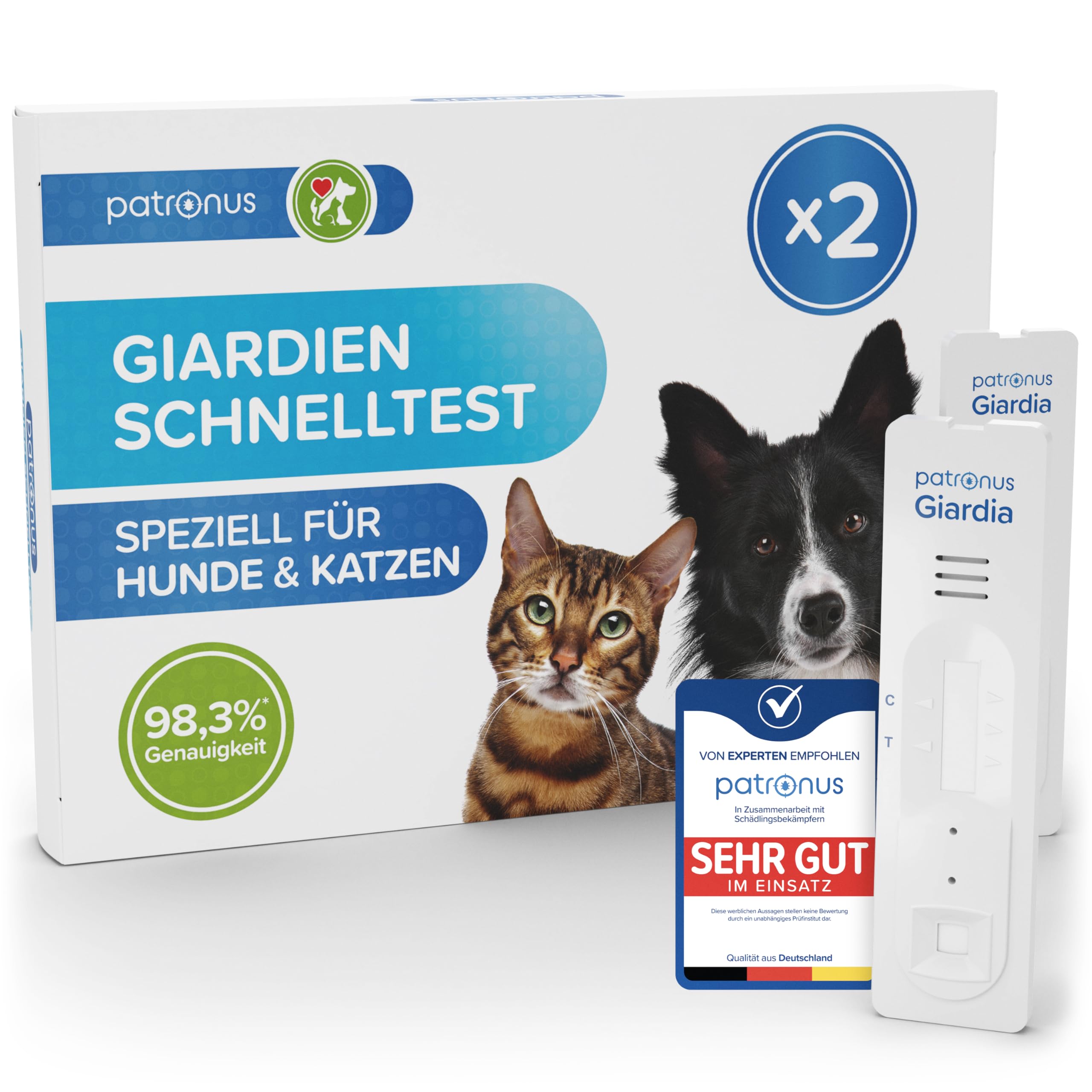 Patronus Giardien Schnelltest Hund & Katze - 2X Stück - Giardien Test mit über 98% Zuverlässigkeit - Speziell für Hunde & Katzen bei Durchfall zum einfachen Nachweis von Giardia-Antigenen