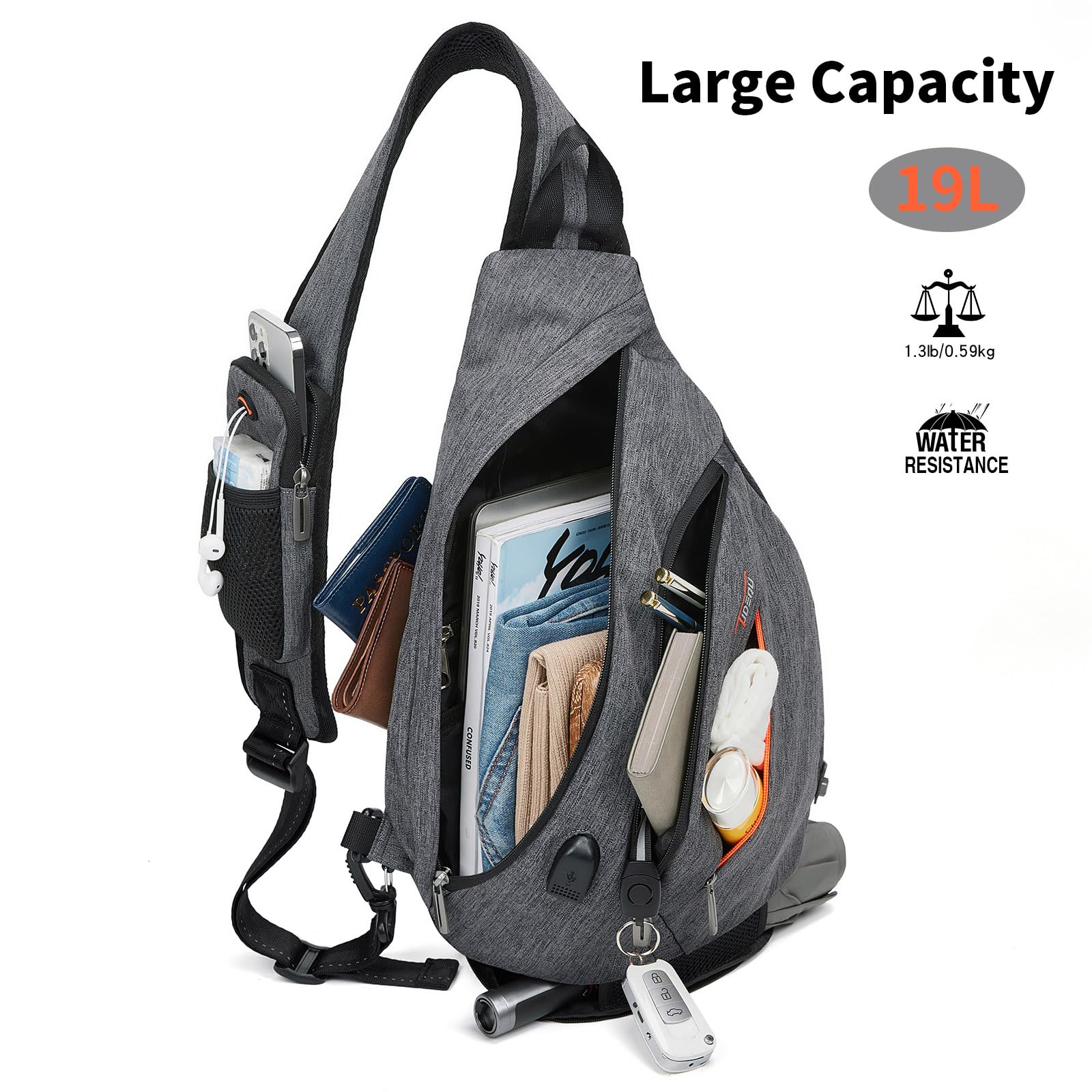 TUDEQU Zaino Monospalla per Uomini, Zaino a Tracolla con 8 Tasche, Borsa a Tracolla da Uomo da 19L, Pacchetto a Tracolla