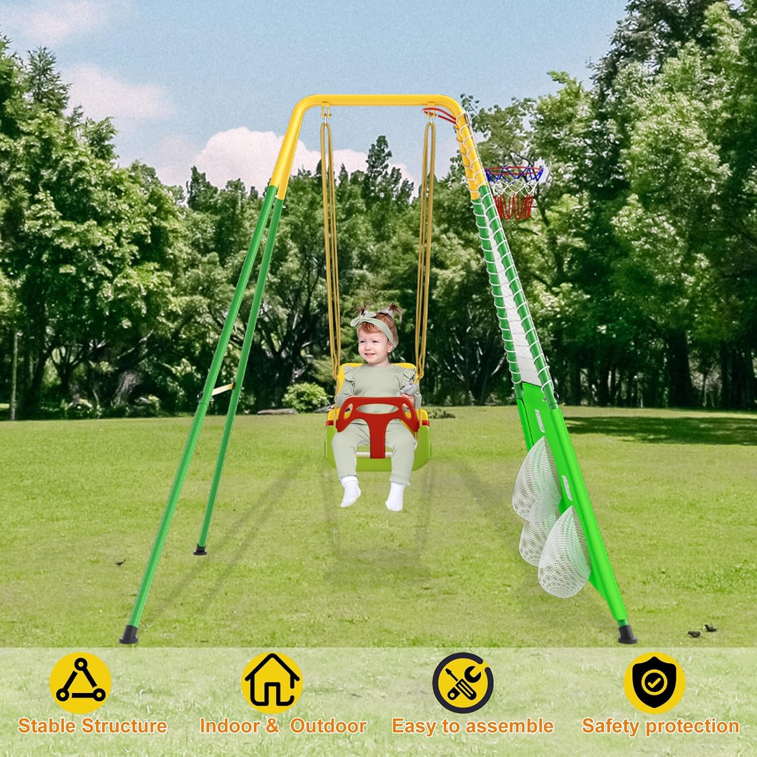 Swing Sets for Backyard,5 in 1 Outdoor Swing Set Swing Seat, Soccer Goals and Basketball Hoop, Outdoor Playset Suitable for Kids (Light Green)