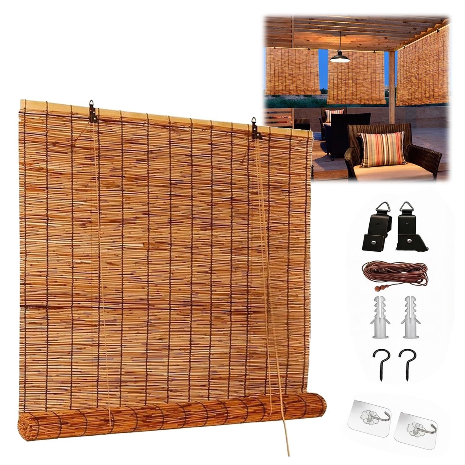 CMJYMX Blackout Roll Up Blinds With Lifter, Retro Bamboo Roller Shades For Porch, Patio & Interior Windows, UV Protection, Light Filtering Cordless Roman Roller Shade(50x160CM/20x63IN(WxH))