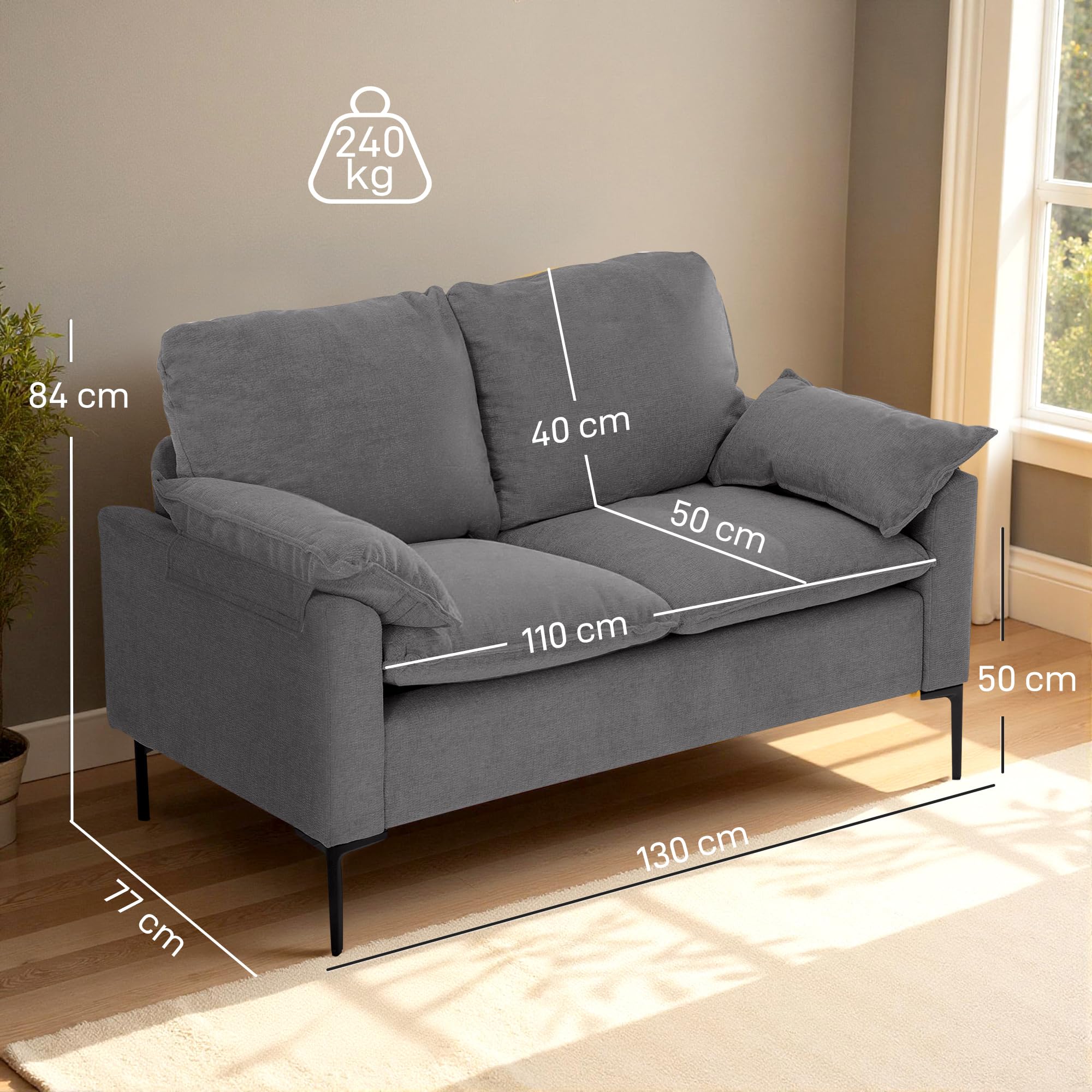HOMCOM Sofá de 2 Plazas, Tapizado en Terciopelo, Sofá Moderno con Patas de Metal, Reposabrazos Acolchado, para Salón, Dormitorio, Oficina, Sala de Estar, 130x77x84 cm, Gris