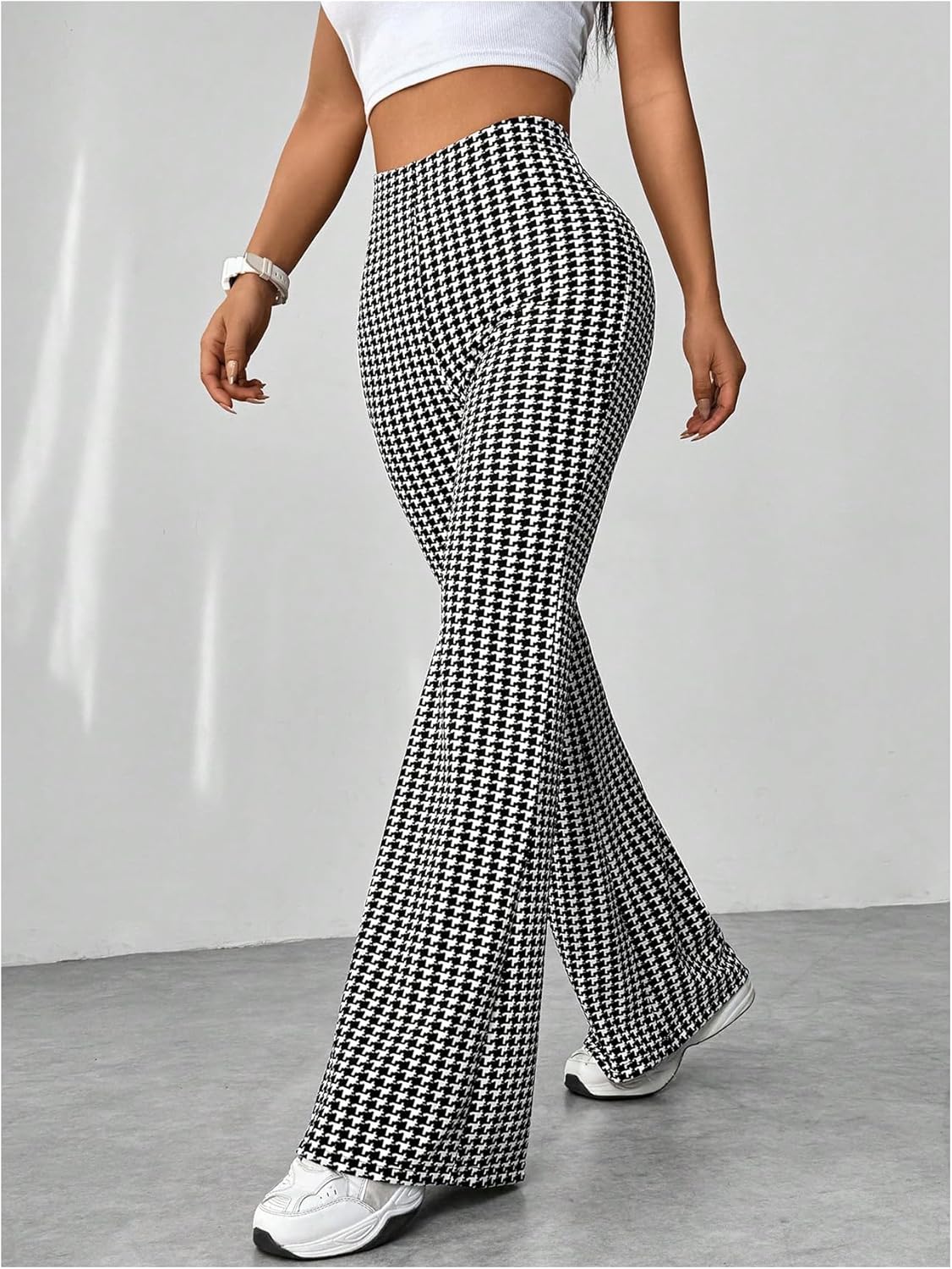 OYOANGLE Women's Houndstooth Plaid Bell Bottom Pants High Waisted Flared Leggings Y2K Bootcut Pattern Casual Trousers - Image 3