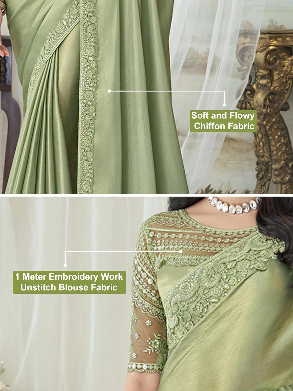 TRENDMALLS Women's Chiffon Sequin Embroidery Work Saree with Unstitched Blouse Piece