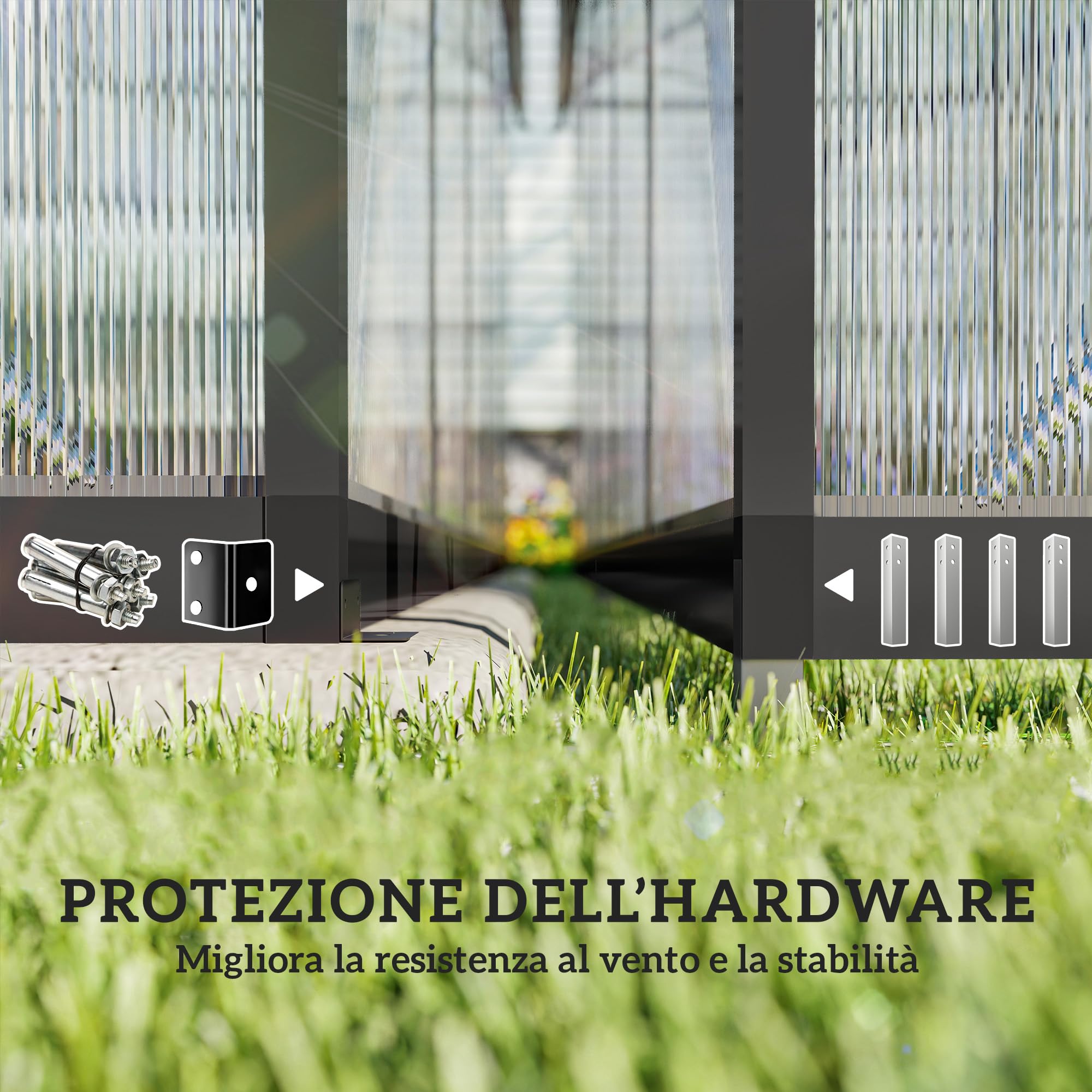 Outsunny Serra da Giardino Policarbonato con Grondaie 304x247x205cm Nero | 7.5㎡, Telaio in Lega di Alluminio, Serra per Orto, 2 Finestre a Tetto Regolabili, Porta a Battente, Anti UV, per Piante