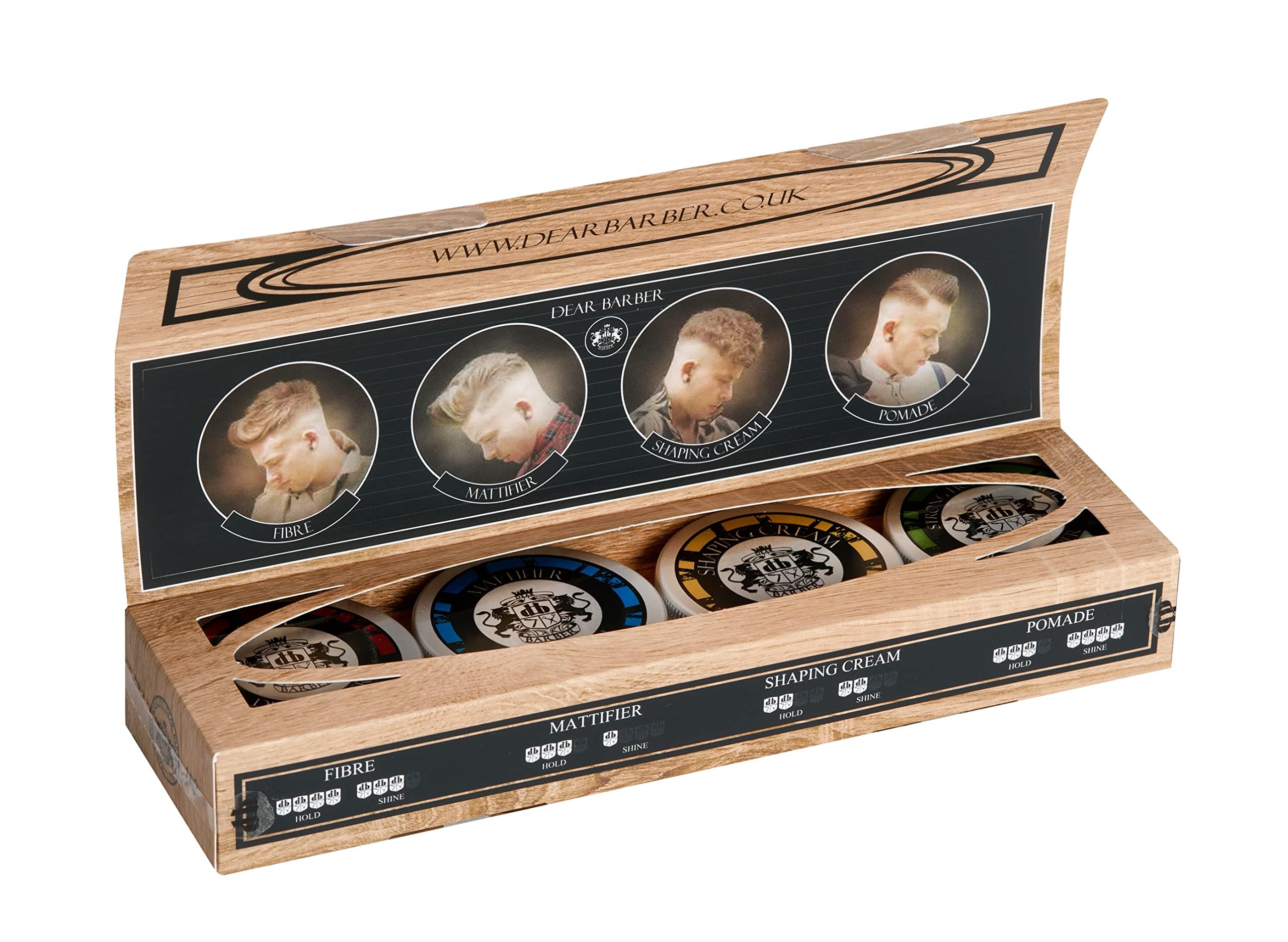 Dear Barber Coffret Cadeau Homme – Kit Voyage Homme de 4 Produits Coiffants – Cire Cheveux Homme, Pommade, Crème Modelante & Pâte Matifiante (4x 20ml) – Soin Cheveux Homme Professionnel
