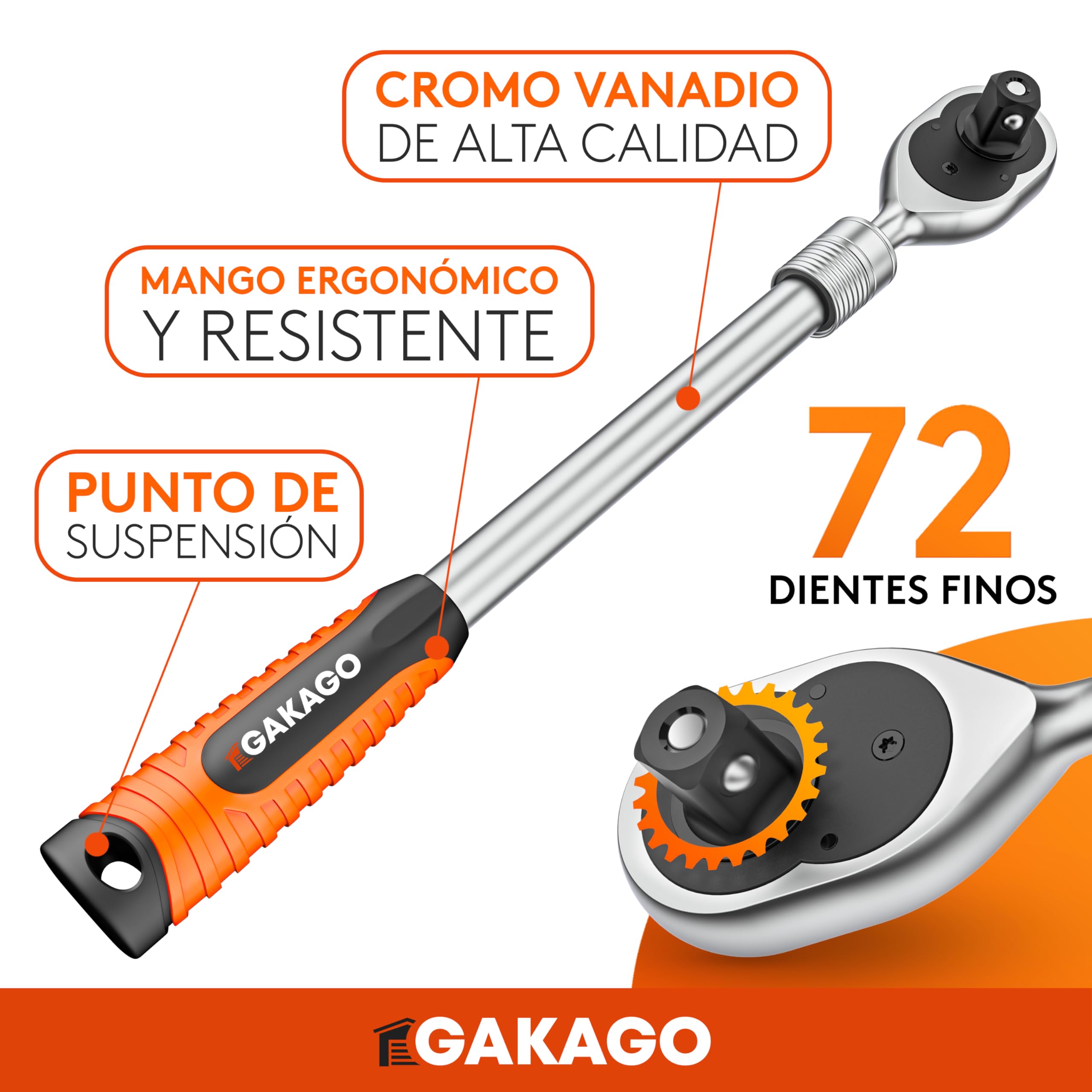 Gakago Carraca telescópica de 1/2" pulgada hasta 60 cm - Carraca reversible extra larga con mango ergonómico - Potencia superior con más de 615 Nm y engranajes precisos de 72 dientes finos