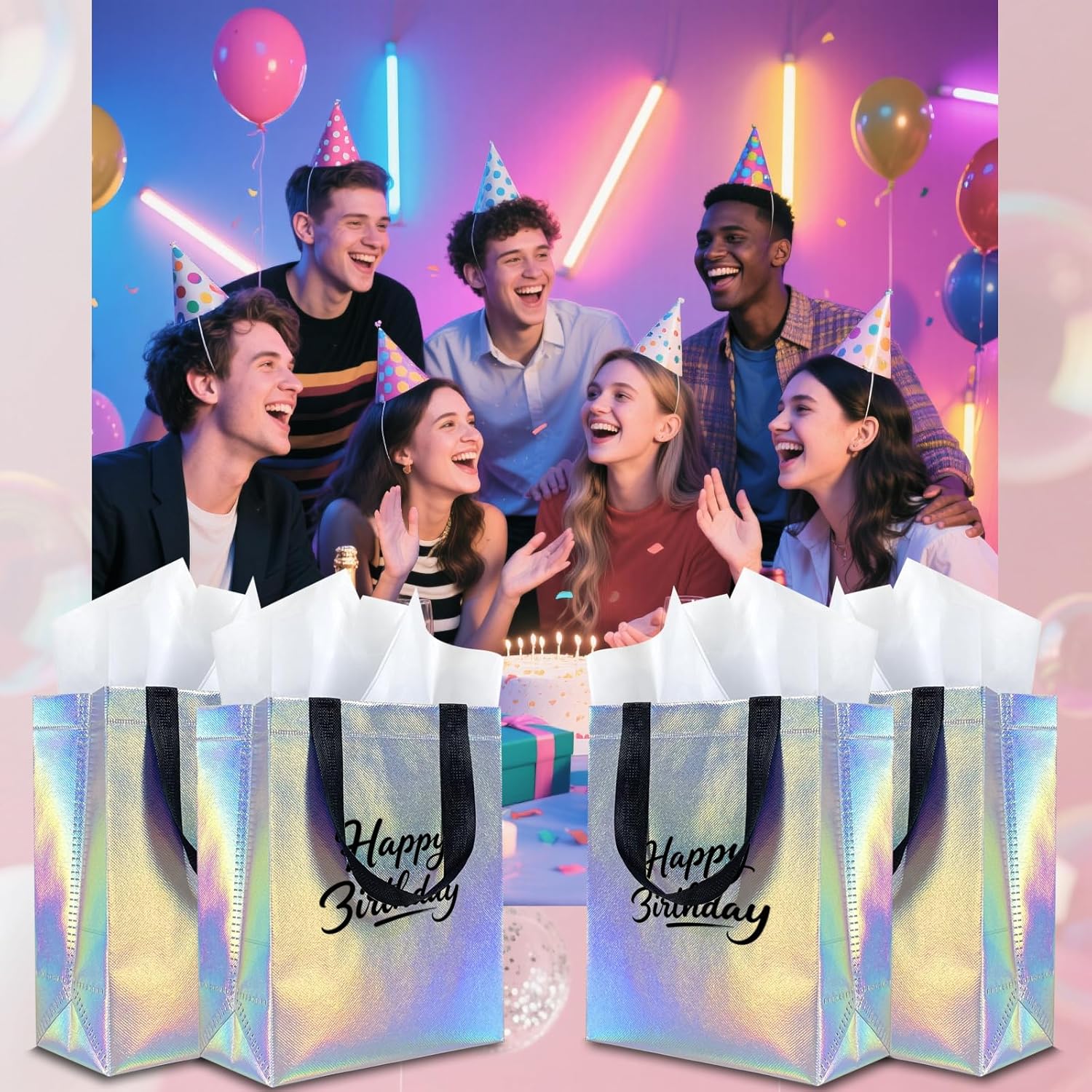 HiCivan Glossy Iridescent Gift Bags Medium Size with Tissue Paper 12Pcs 8x4x10in Reusable Goodie Bags Bulk with Handles for Party Favor, Wedding, Birthday, Christmas, Gift-giving - Image 6