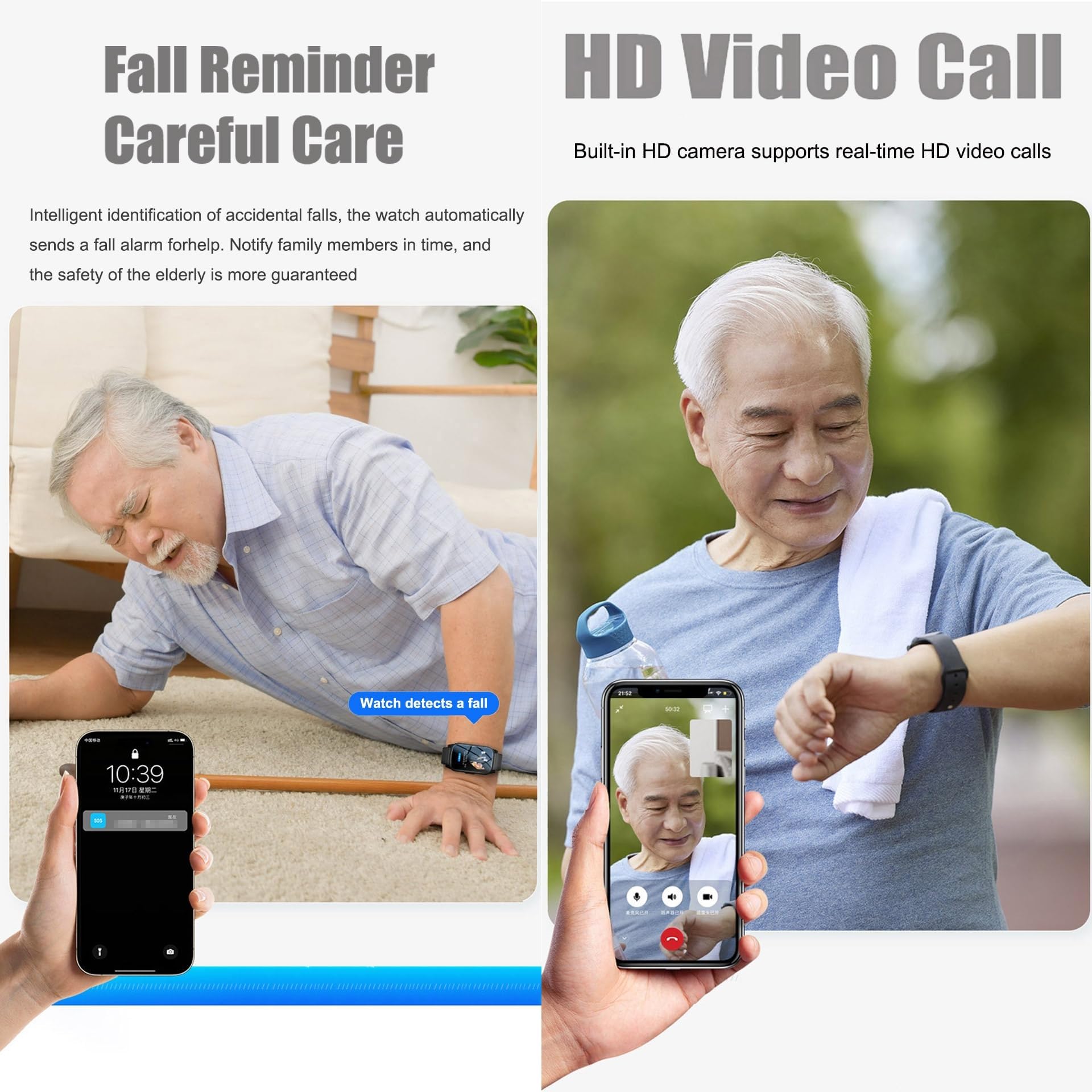 Inteligentny Zegarek Dla Seniorów Z Połączeniem Wideo HD, Wykrywaniem Upadku, GPS Wodoodporne Urządzenia Ostrzegające O Upadku IP67 Dla Mężczyzn/kobiet(Black)