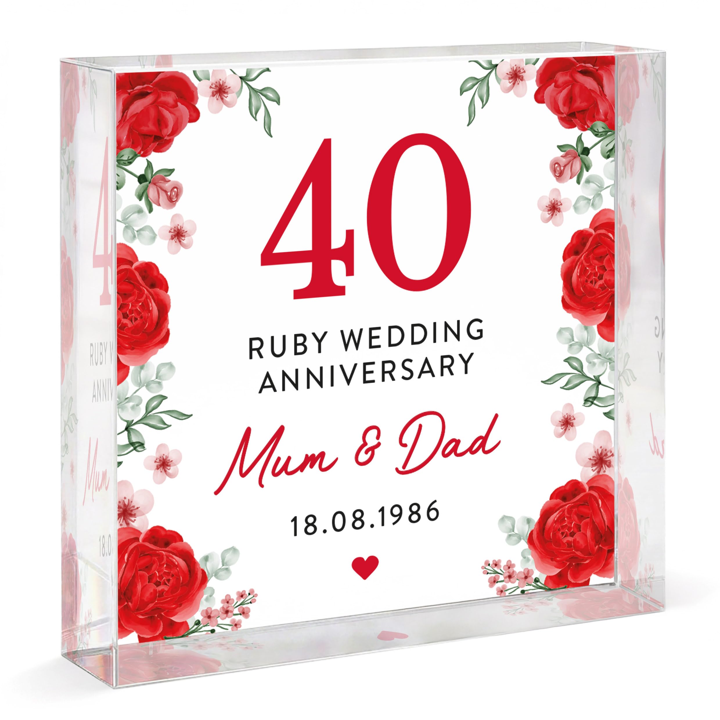 Beecreative Ruby Anniversary Wedding Gifts for Parents. Personalised 40th Wedding Anniversary Presents. Clear Square Ornament with Gift Bag