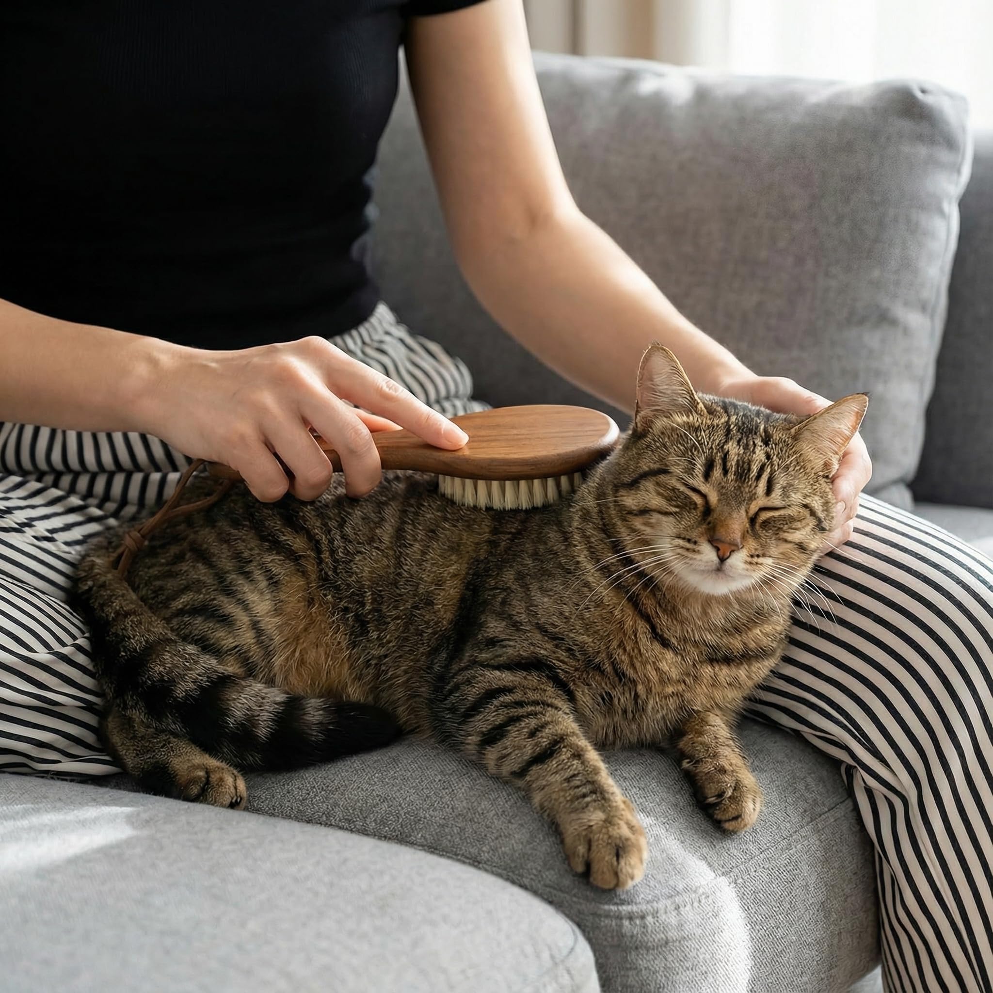 Takavu Spazzola per gatti per spargimento, spazzola delicata con setole di cinghiale bianche naturali e manico in legno per pelli sensibili, accessori per la pulizia degli animali domestici per