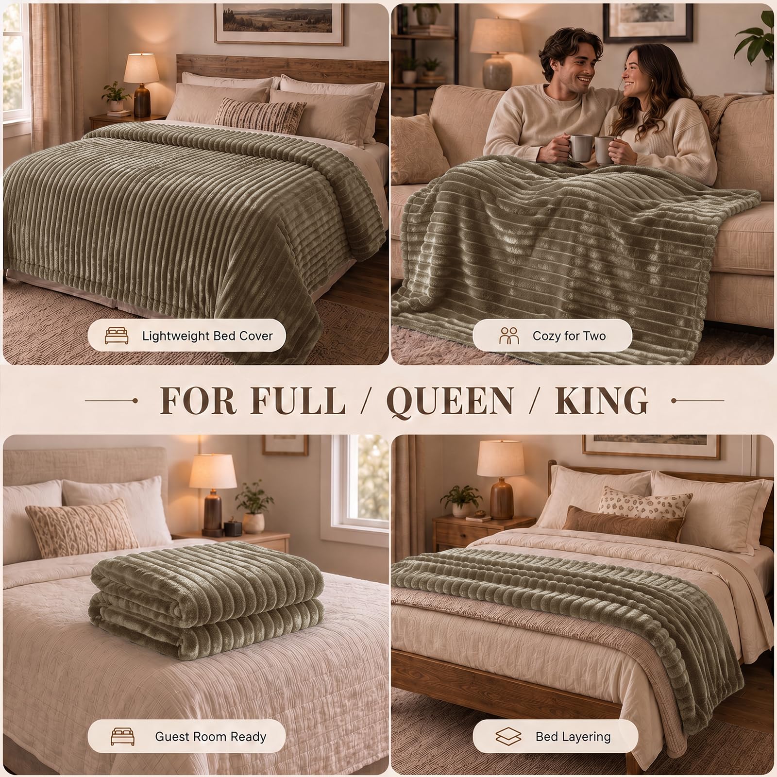 HIMEET Camel King Size Blanket for Bed, 300GSM Ribbed Fleece, 108 x 90 in view 4