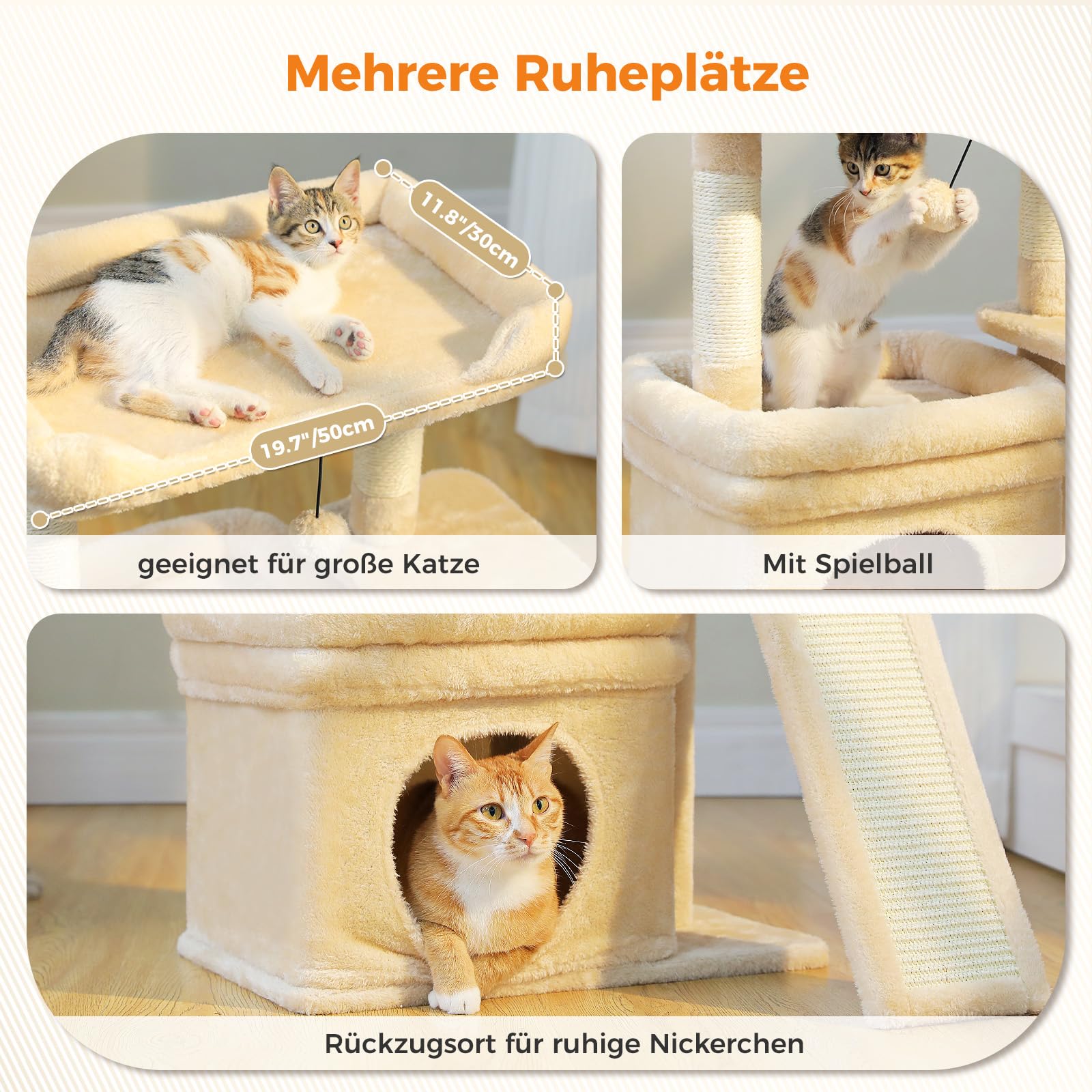PETEPELA Kleiner Kratzbaum für große ausgewachsene Katzen mit breiter oberer Liegefläche, privater Katzenhöhle und Sisal-Kratzsäule，Kratzpad für Wohnungskatzen,beige