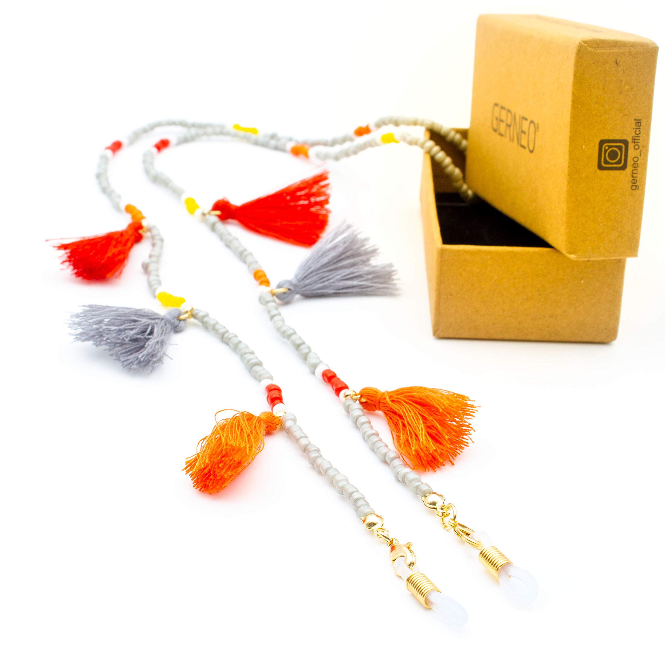 GERNEO Ibiza – Banda de gafas y cordón de gafas – Soporte de máscara unisex para gafas de lectura y gafas de sol – Oro de 18 quilates o plata 925 – Banderas en tonos grises y rojos – Extra largo