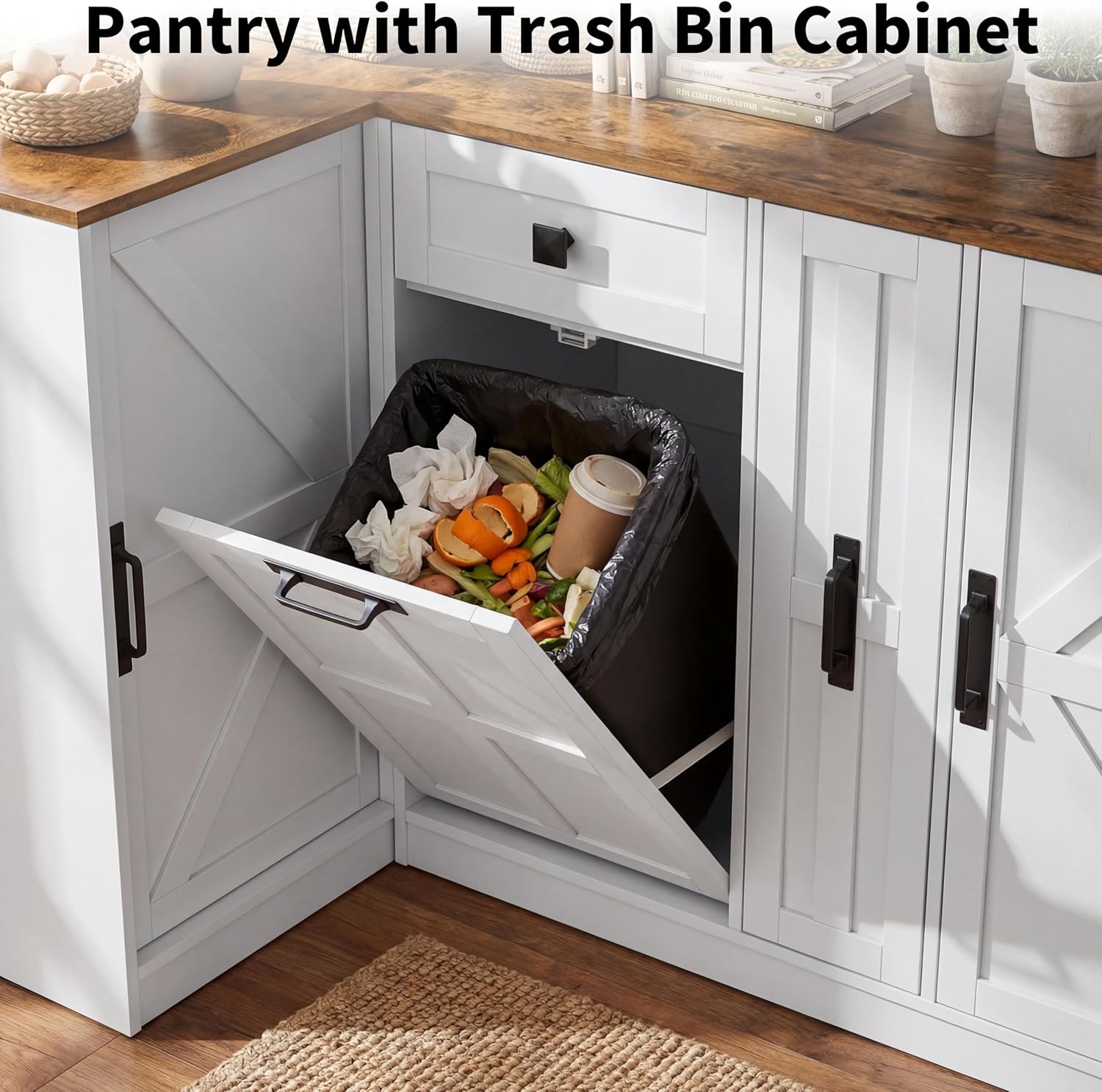 Corner Cabinet with Countertop, Kitchen Pantry Cabinet with Hidden Trash Storage Cabinet & 3-Tier Spice Rack, Farmhouse L-Shaped Sideboard with Doors & Adjustable Shelf for Dining Room, White